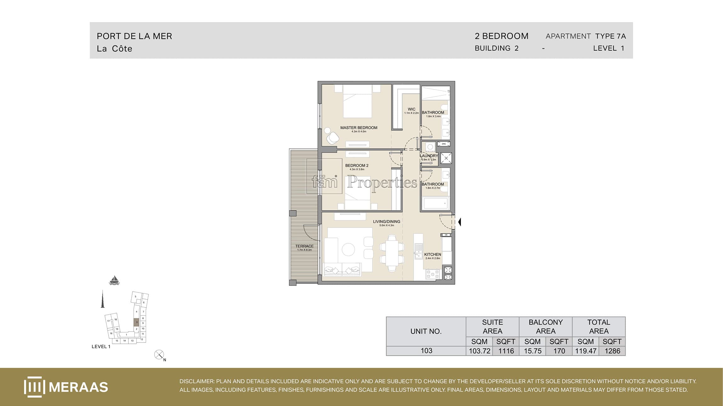 La Cote Building 1, 2-Bed Floor Plan, type: Type 7A