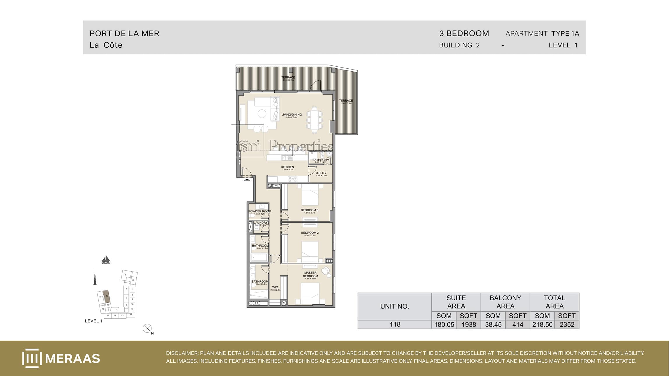 La Cote Building 1, 3-Bed Floor Plan, type: Type 1A