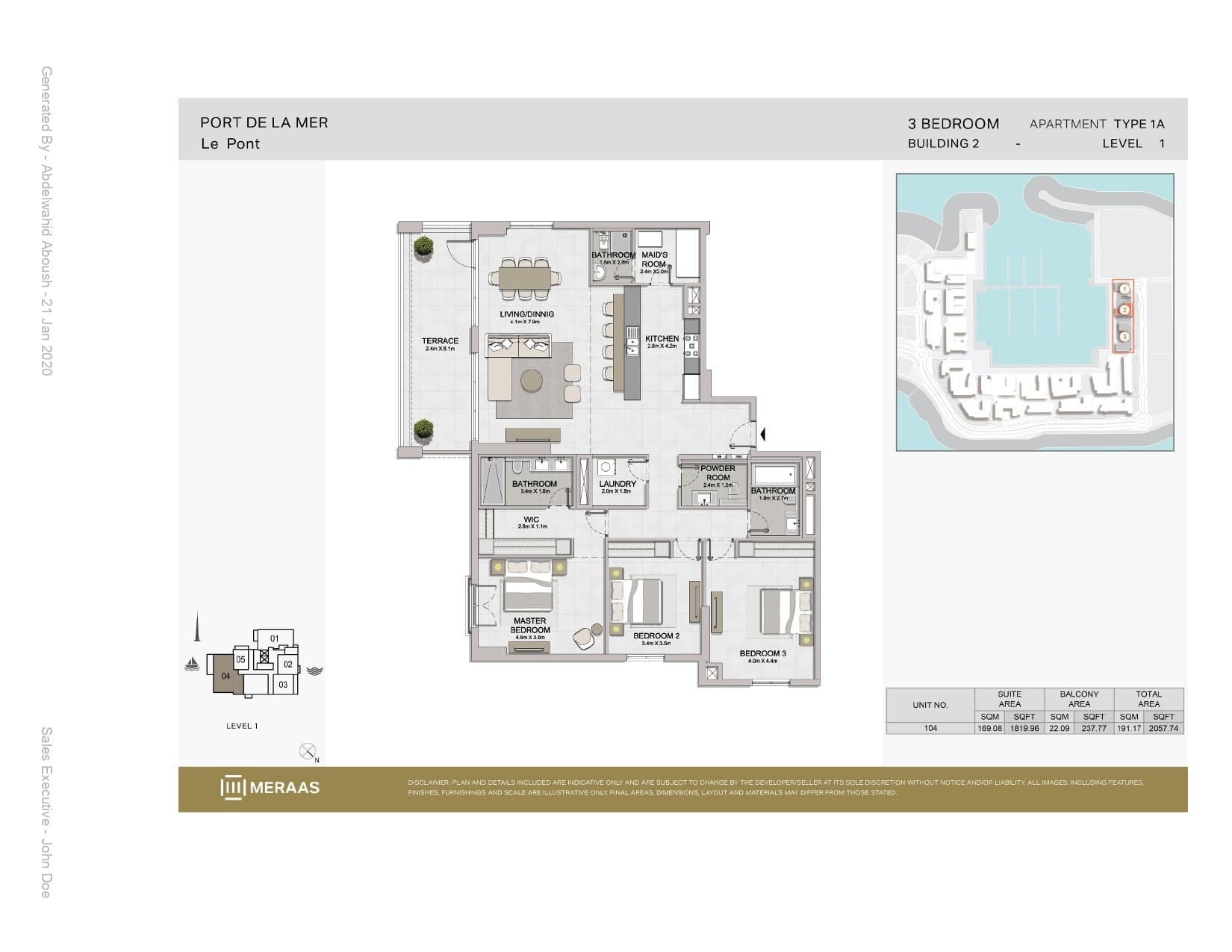 Le Pont Building 1, 3-Bed Floor Plan, type: 3 Bedroom