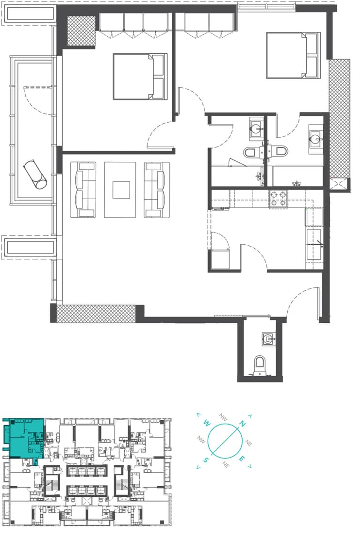Marina Arcade Tower, 2-Bed Floor Plan, type: 2BR Type 2A (Dubai Marina and Al Seef View)