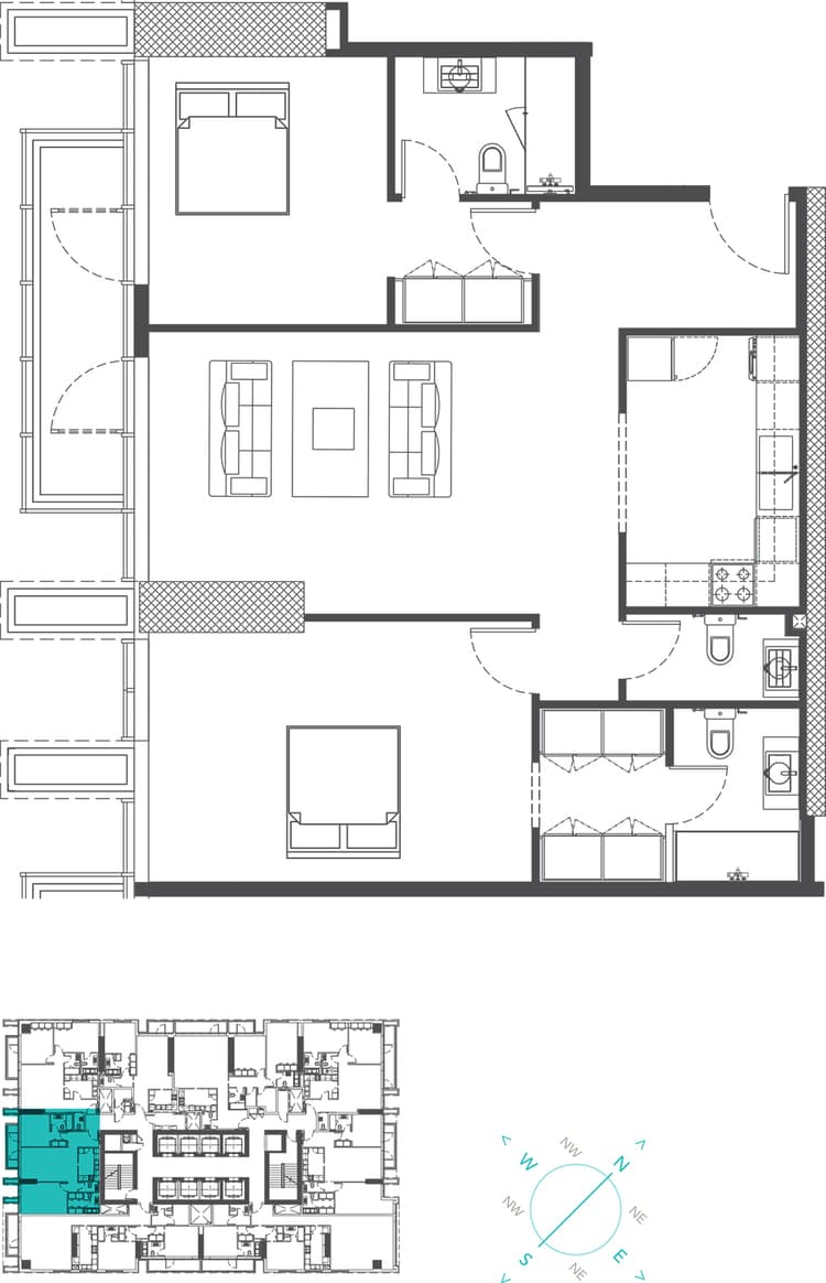 Marina Arcade Tower, 2-Bed Floor Plan, type: 2BR Type 2B (Dubai Marina View)