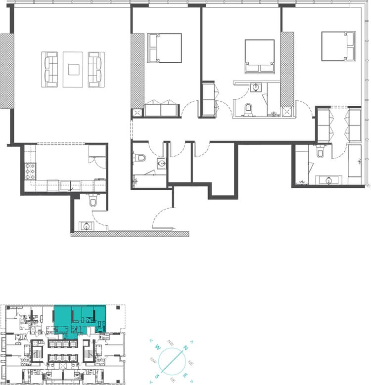 Marina Arcade Tower, 3-Bed Floor Plan, type: 3BR Type 3C (Al Seef View)
