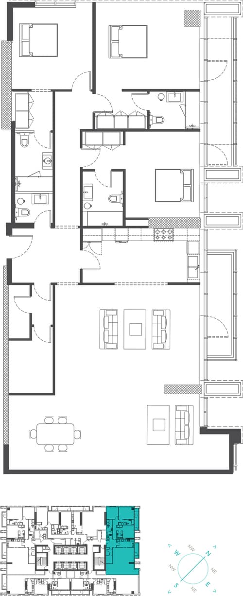 Marina Arcade Tower, 3-Bed Floor Plan, type: 3BR Type 3D (The Palm Jumeirah and Al Seef View)
