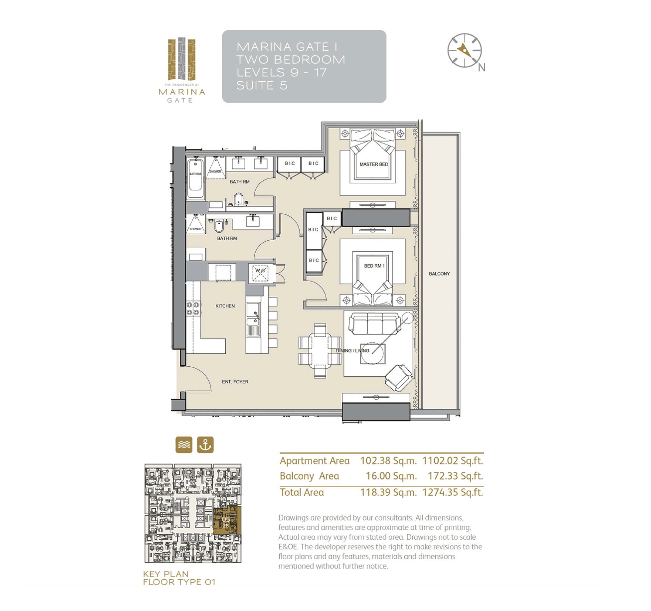 Marina Gate 1, 2-Bed Floor Plan, type: 2B