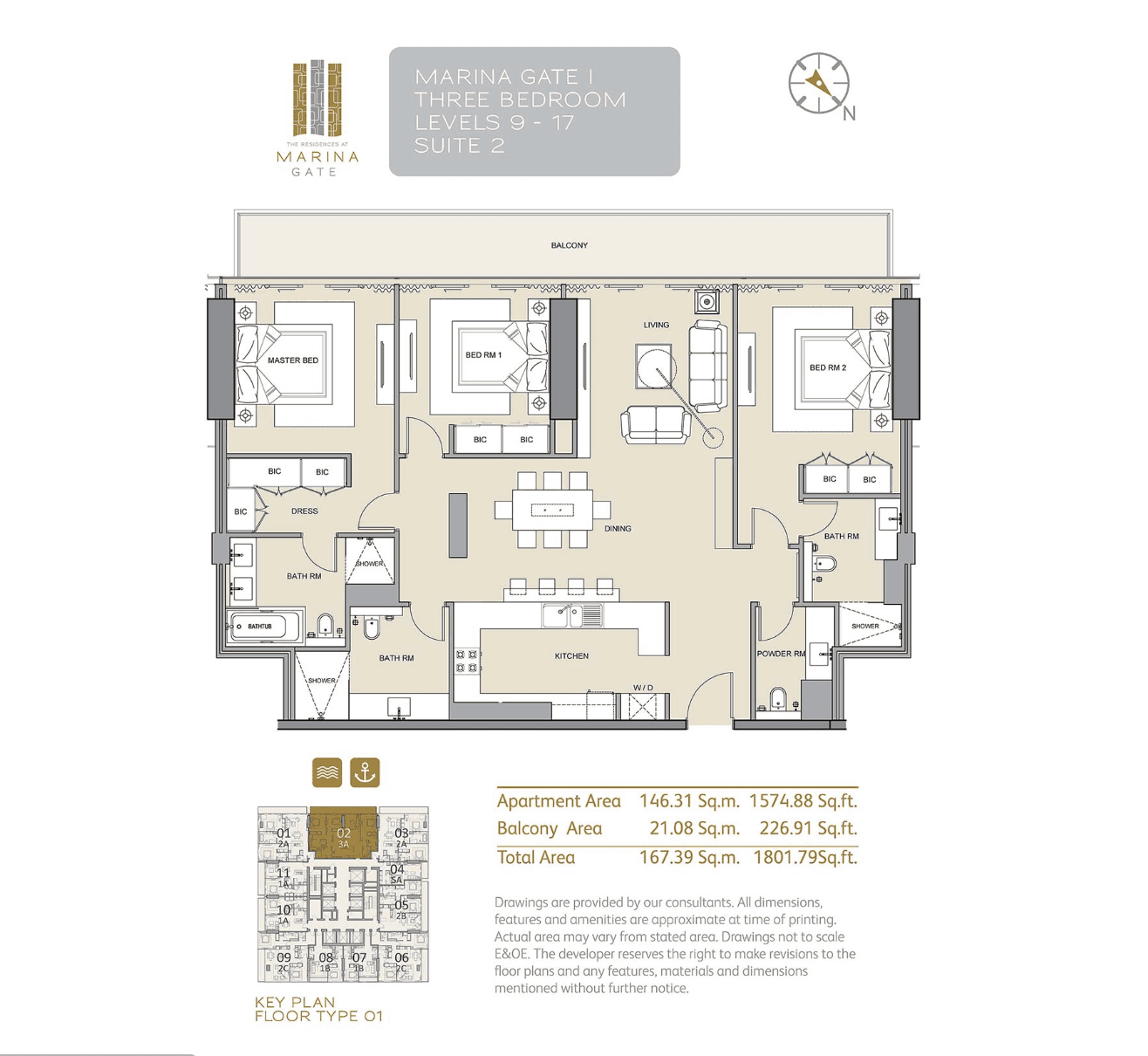 Marina Gate 1, 3-Bed Floor Plan, type: 3A