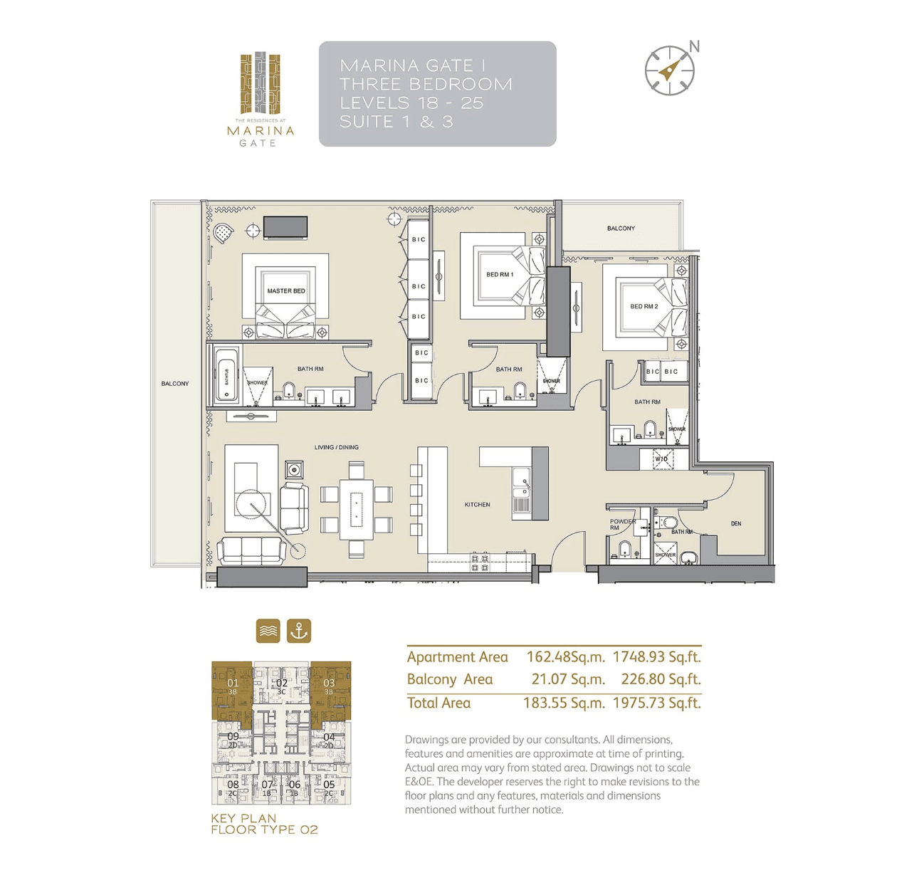 Marina Gate 1, 3-Bed Floor Plan, type: 3B
