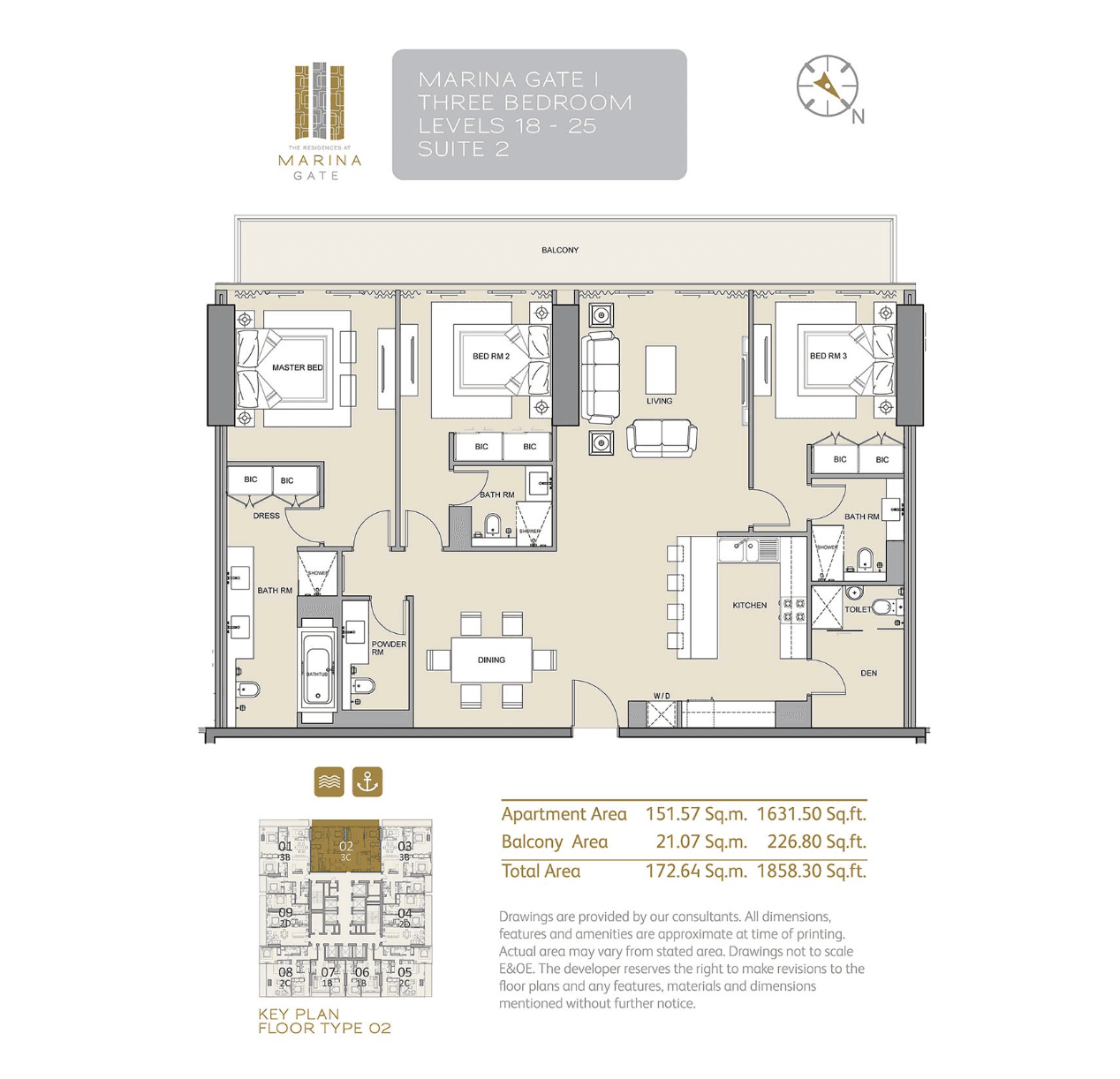 Marina Gate 1, 3-Bed Floor Plan, type: 3C