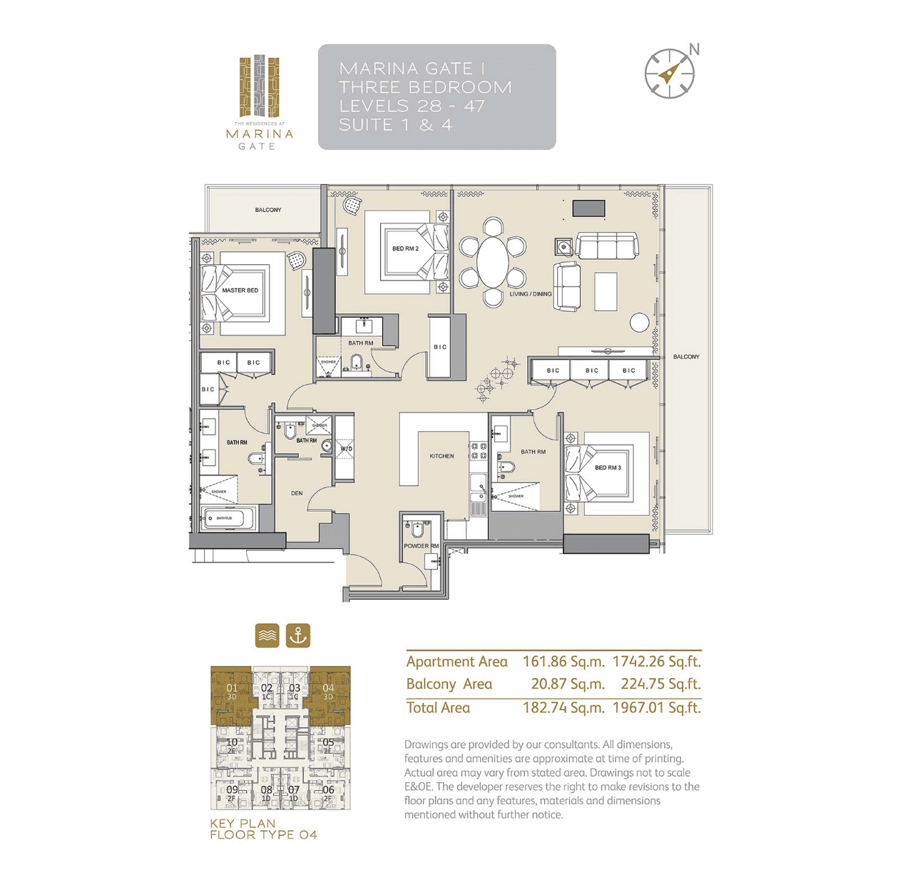 Marina Gate 1, 3-Bed Floor Plan, type: 3D