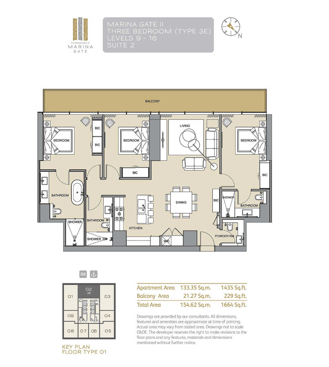 Marina Gate 2 (not in use), 3-Bed Floor Plan, type: 3E