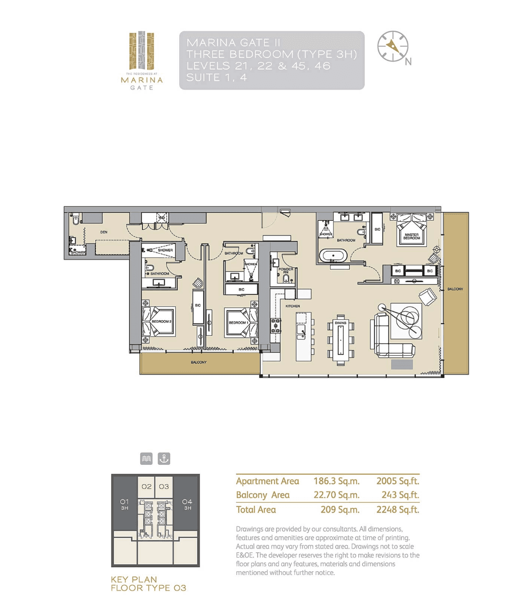 Marina Gate 2 (not in use), 3-Bed Floor Plan, type: 3H