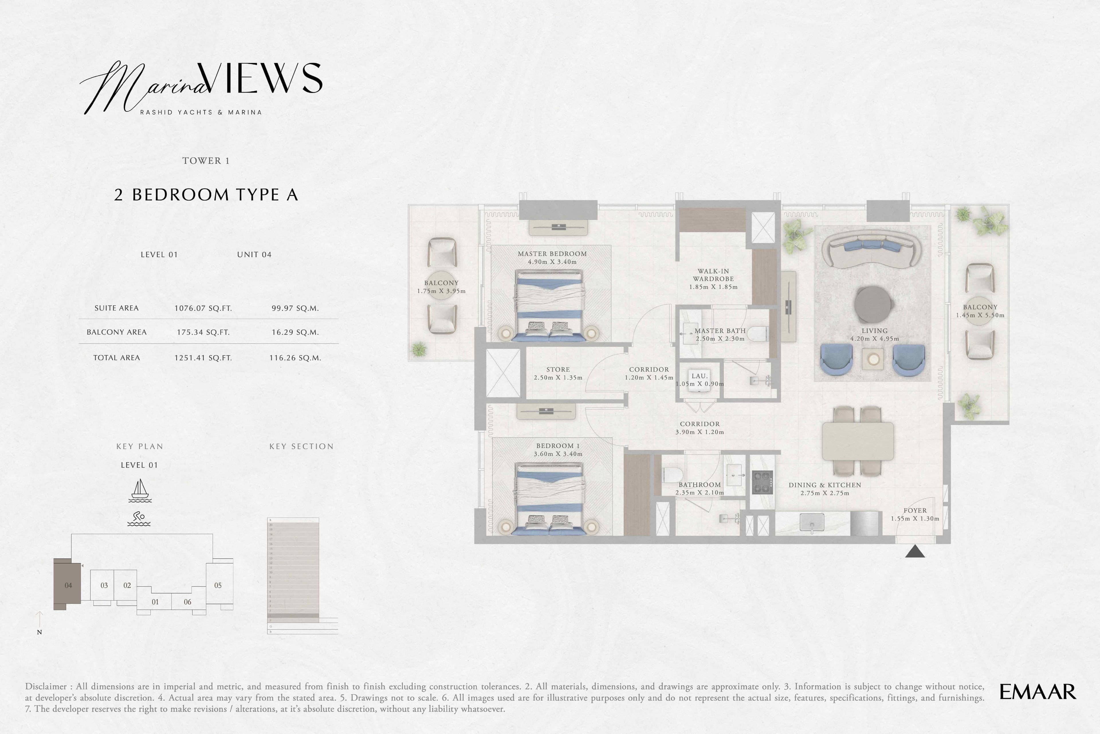 Marina Views Tower 1, 2-Bed Floor Plan, type: Tower 1 - 2BR - Type A - Level 1