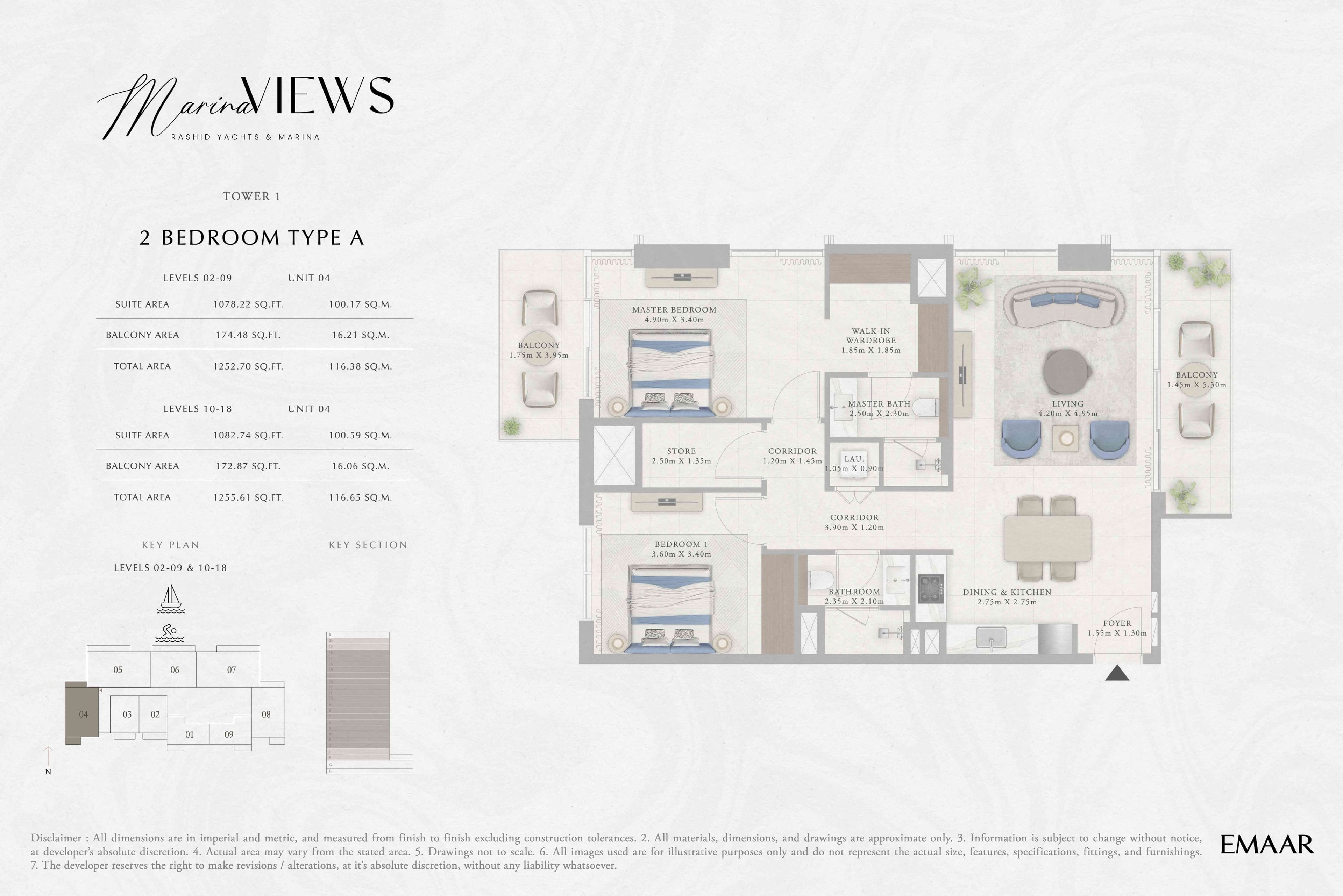 Marina Views Tower 1, 2-Bed Floor Plan, type: Tower 1 - 2BR - Type A - Level 2-9, 10-18