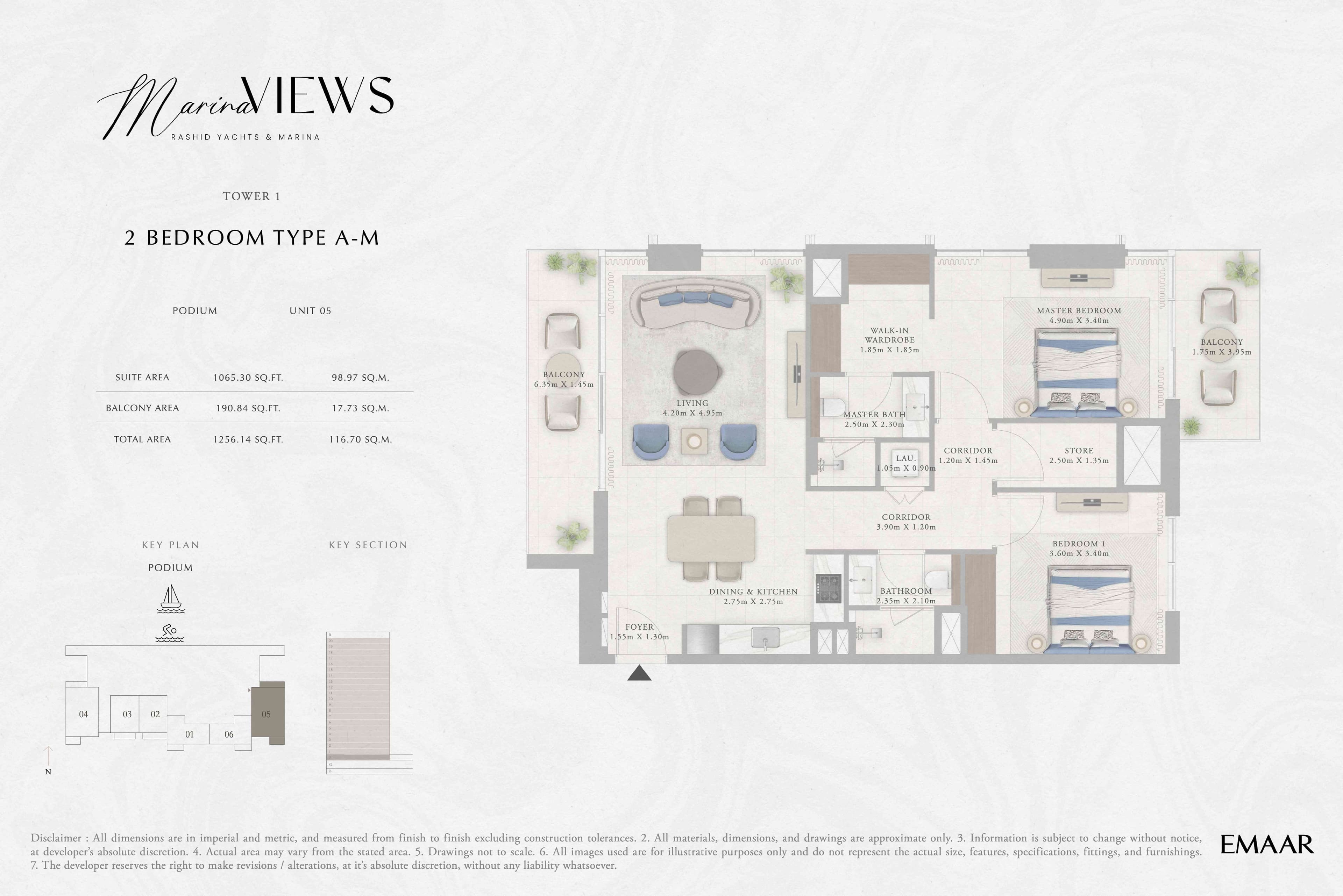 Marina Views Tower 1, 2-Bed Floor Plan, type: Tower 1 - 2BR - Type A-M - Podium