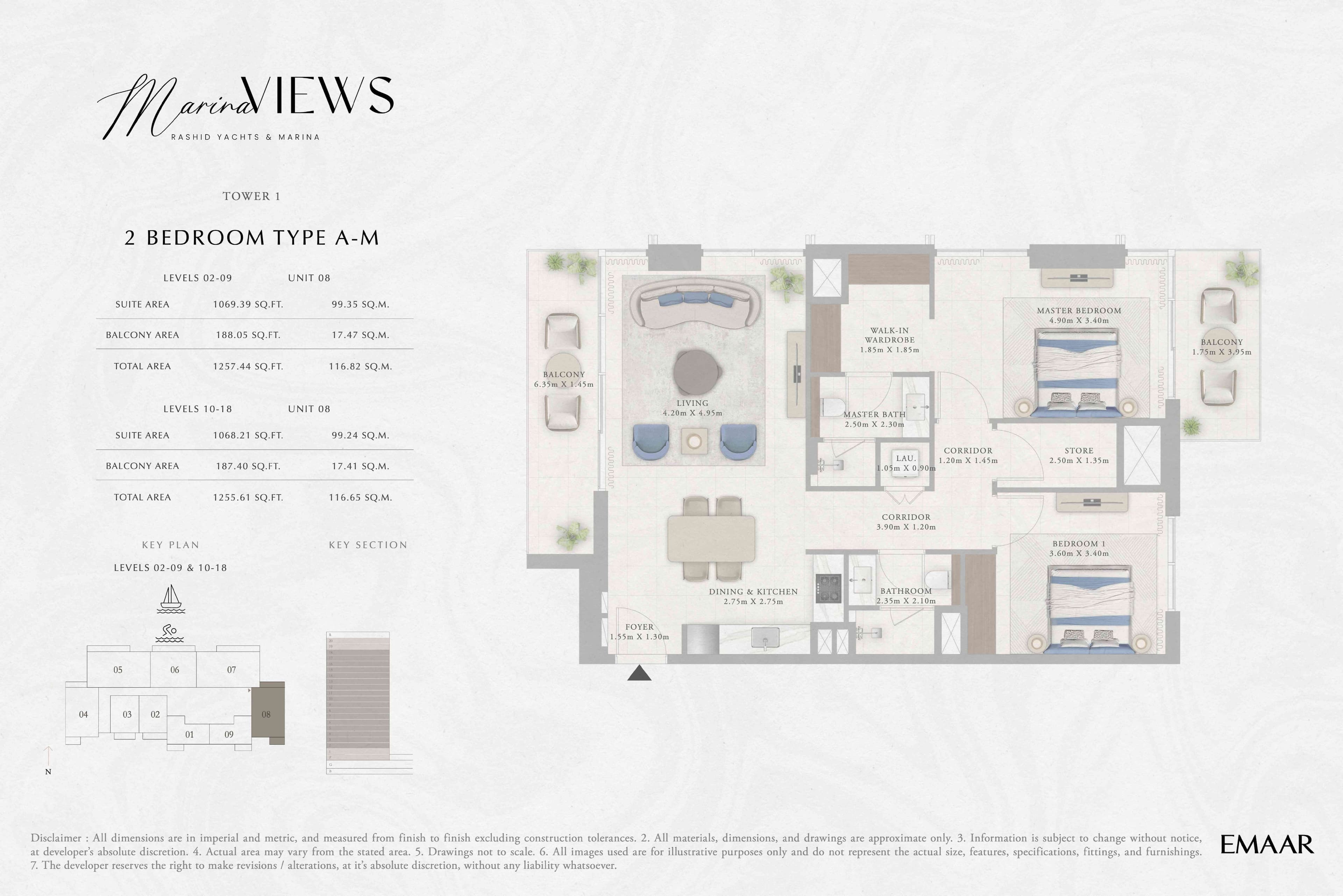 Marina Views Tower 1, 2-Bed Floor Plan, type: Tower 1 - 2BR - Type A-M - Level 2-9, 10-18