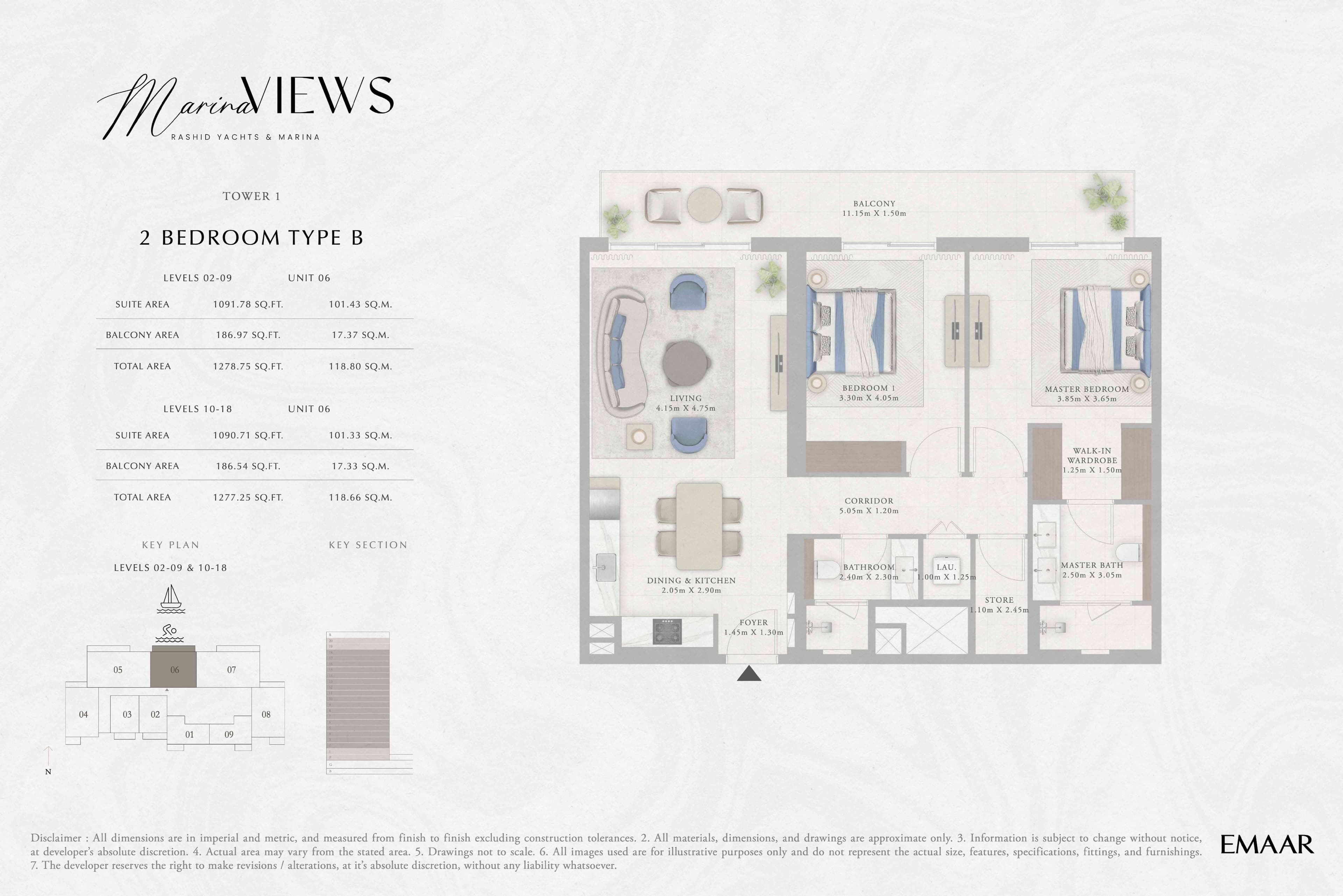 Marina Views Tower 1, 2-Bed Floor Plan, type: Tower 1 - 2BR - Type B - Level 2-9, 10-18