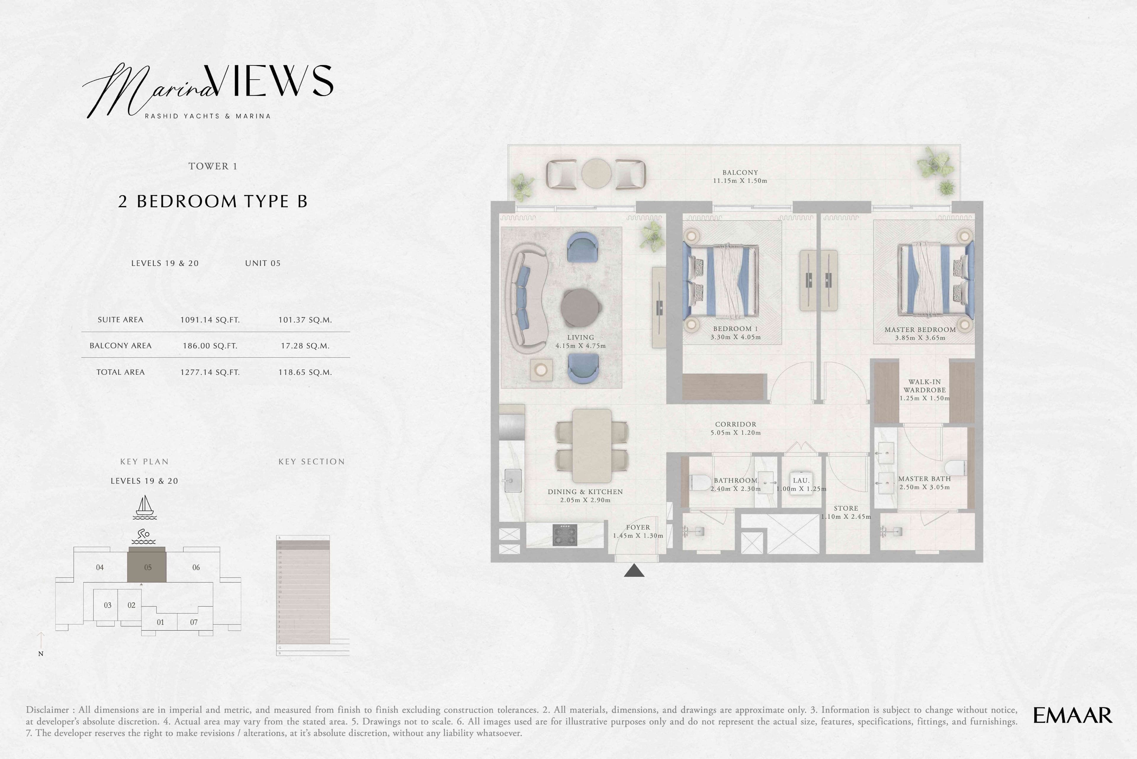 Marina Views Tower 1, 2-Bed Floor Plan, type: Tower 1 - 2BR - Type B - Level 19-20