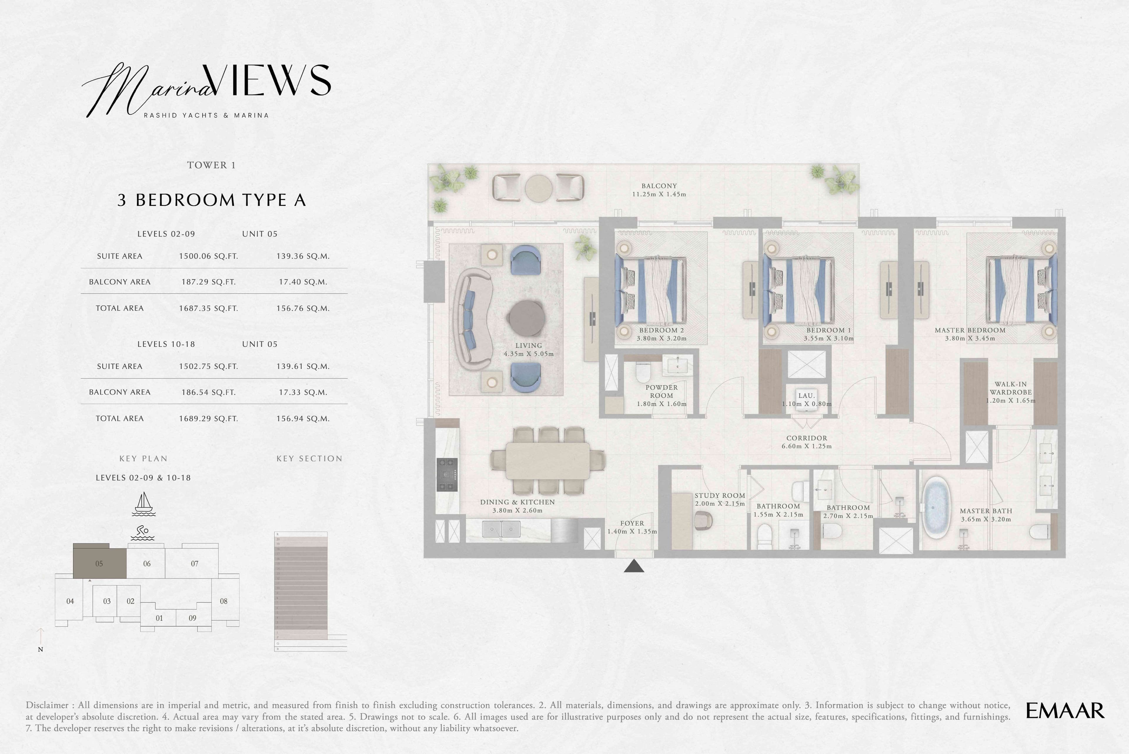 Marina Views Tower 1, 3-Bed Floor Plan, type: Tower 1 - 3BR - Type A - Level 2-9, 10-18