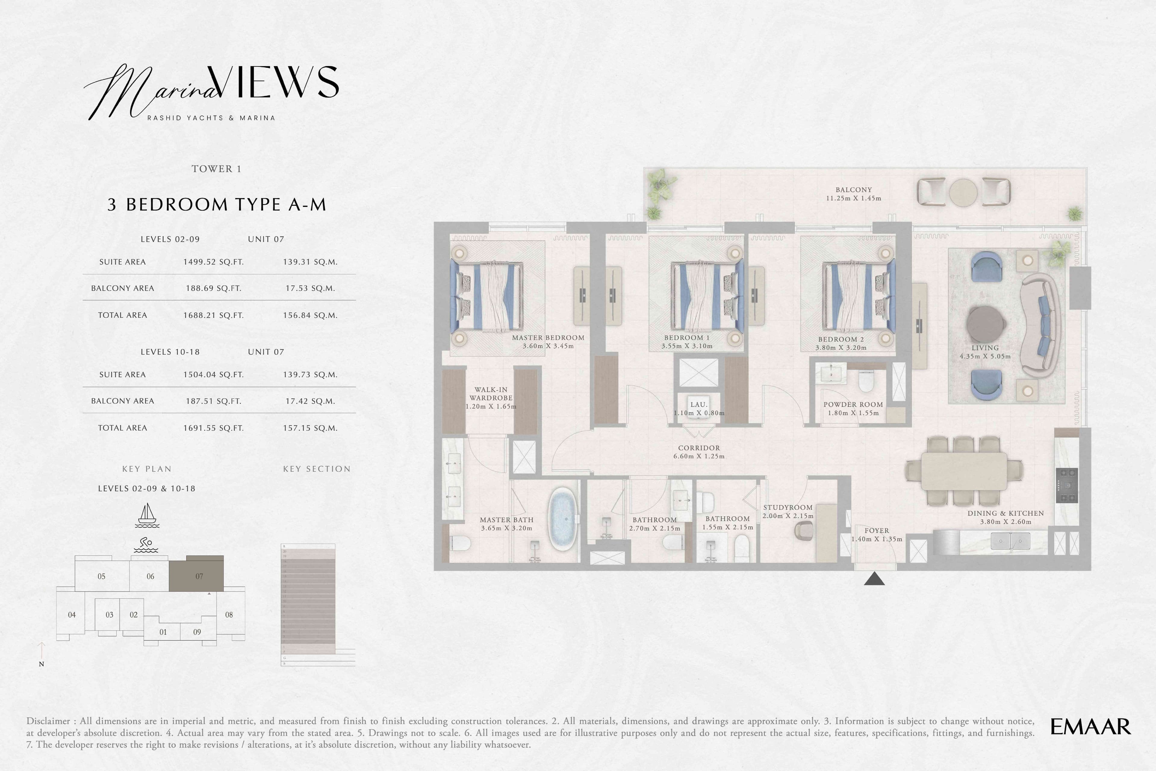 Marina Views Tower 1, 3-Bed Floor Plan, type: Tower 1 - 3BR - Type A-M - Level 2-9, 10-18