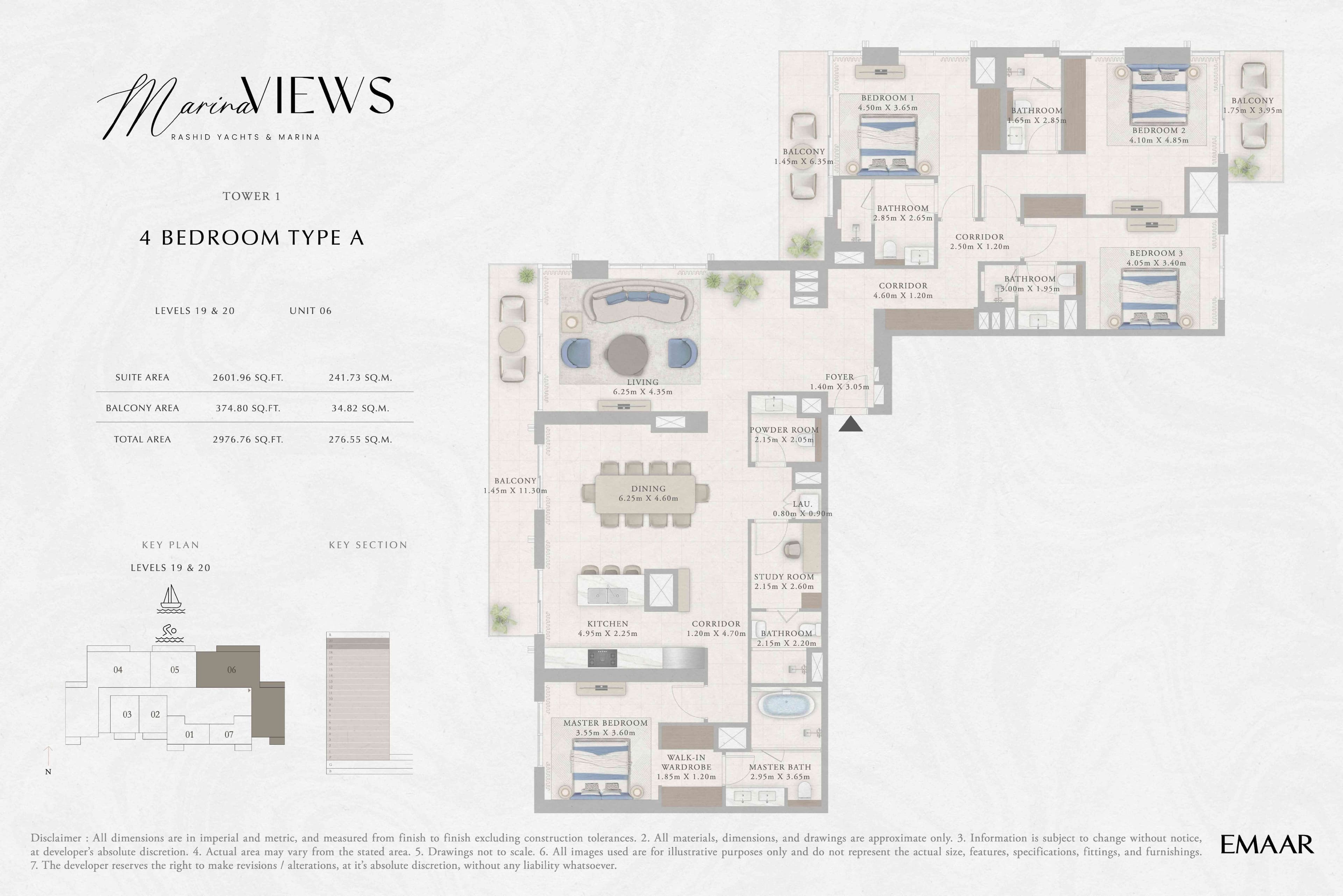 Marina Views Tower 1, 4-Bed Floor Plan, type: Tower 1 - 4BR - Type A - Level 19-20