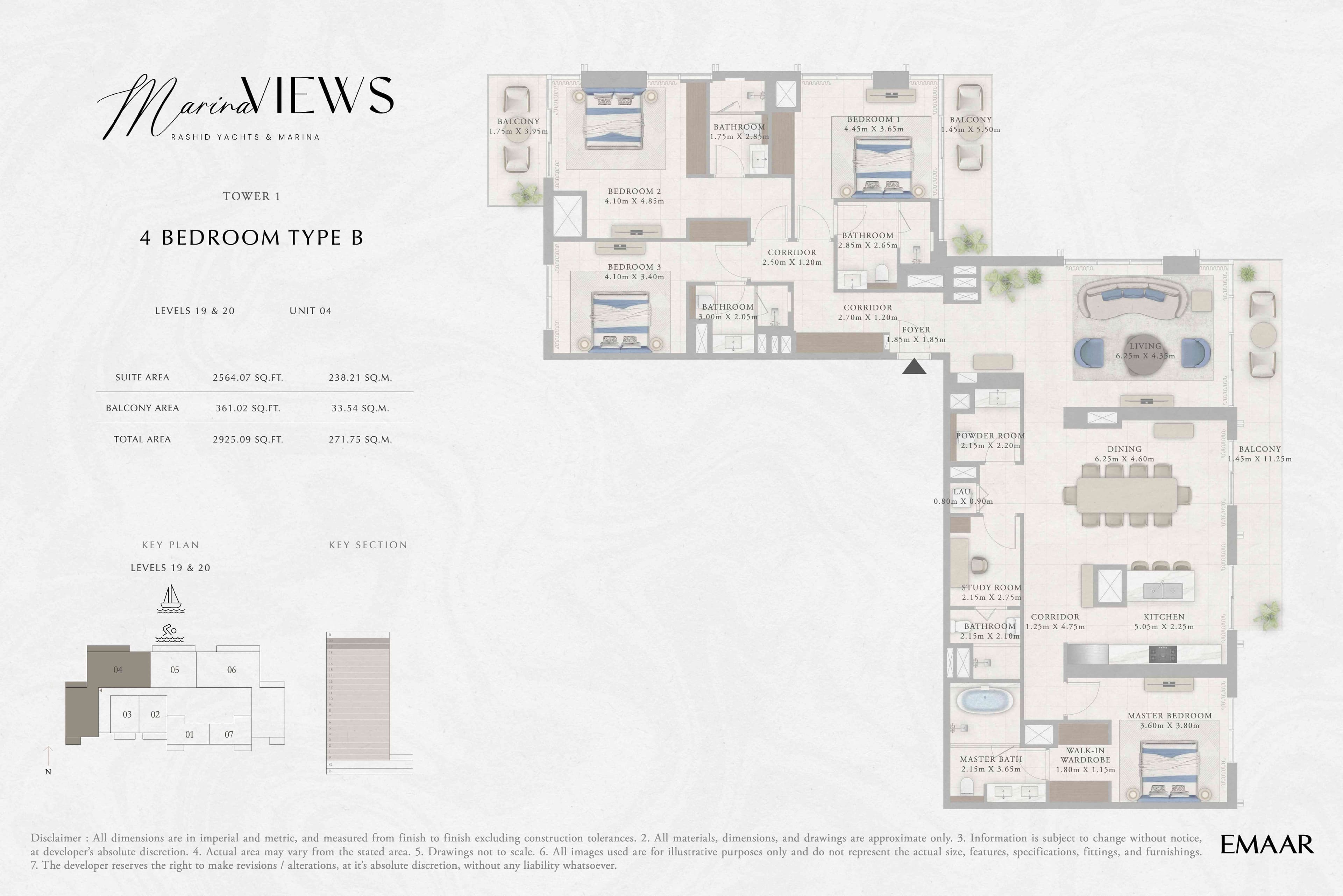 Marina Views Tower 1, 4-Bed Floor Plan, type: Tower 1 - 4BR - Type B - Level 19-20