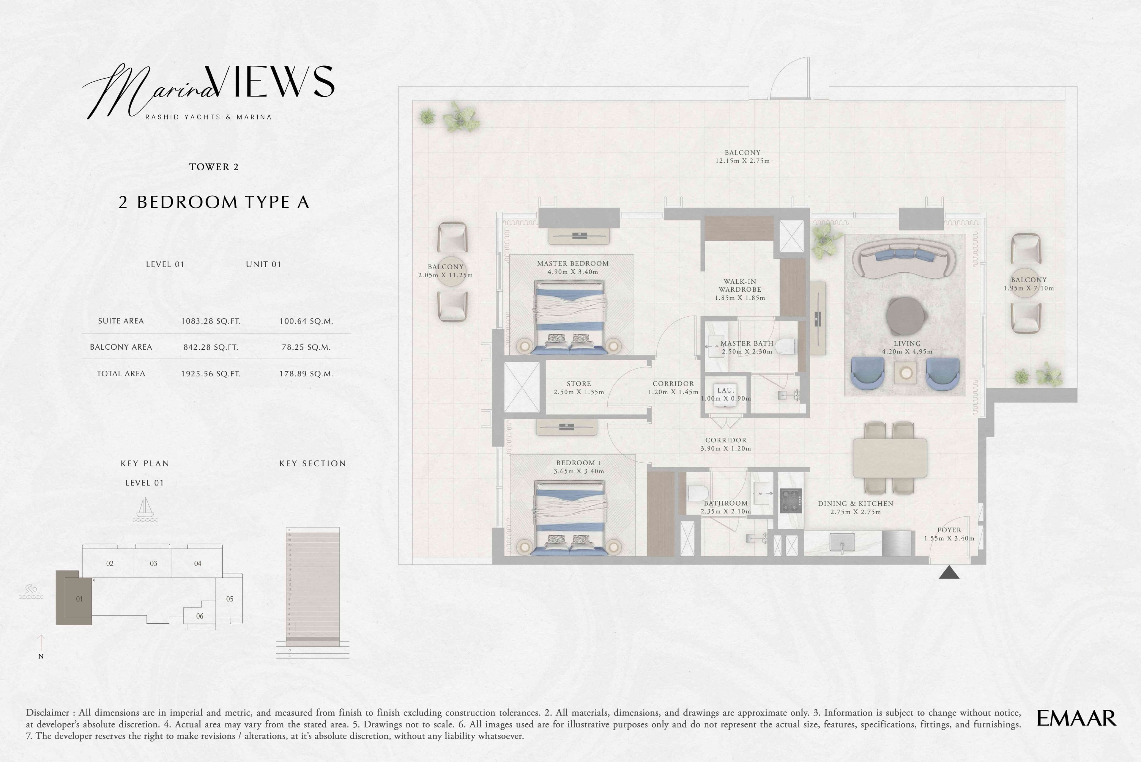 Marina Views Tower 1, 2-Bed Floor Plan, type: Tower 2 - 2BR - Type A - Level 1