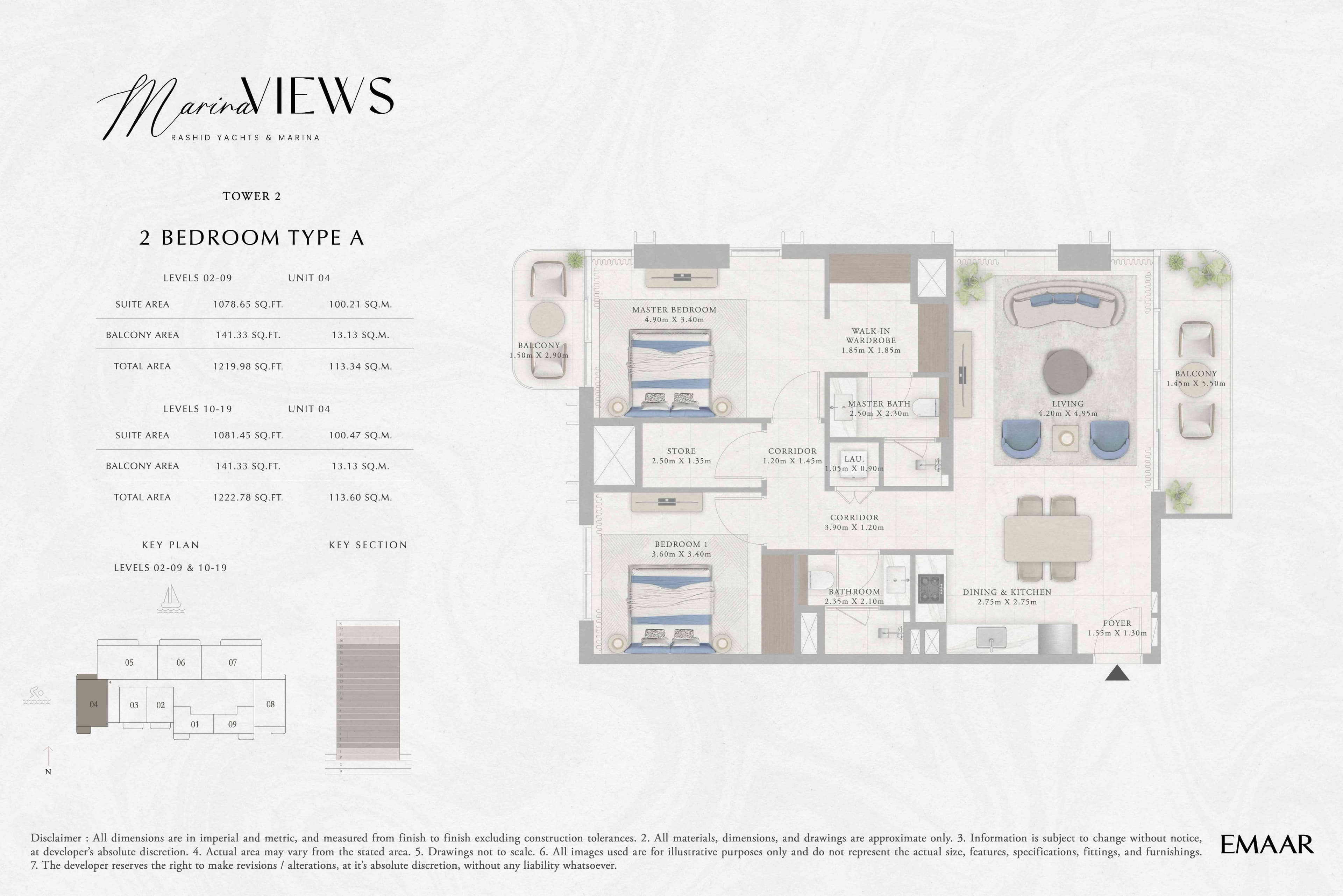 Marina Views Tower 1, 2-Bed Floor Plan, type: Tower 2 - 2BR - Type A - Level 2-9, 10-19