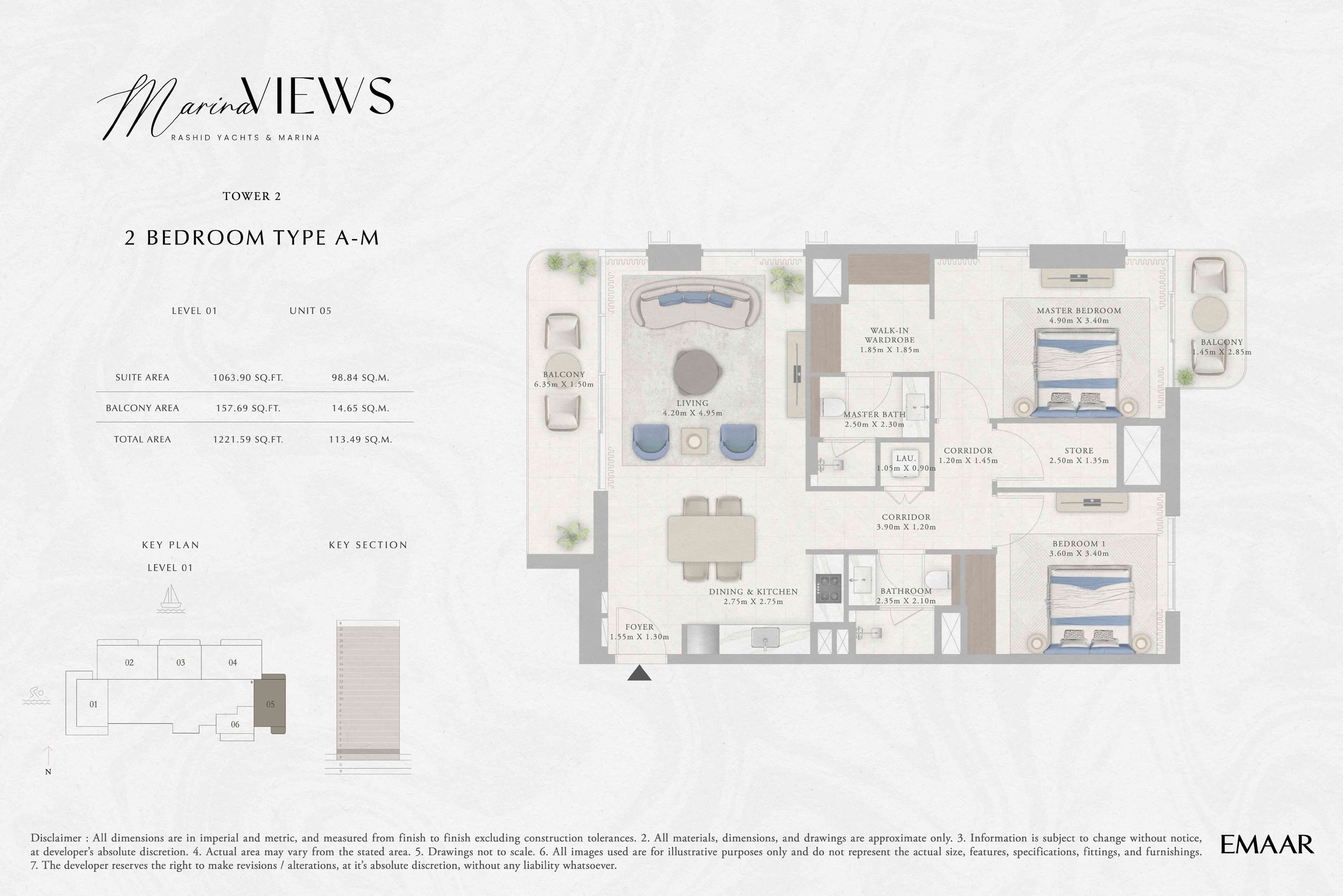 Marina Views Tower 1, 2-Bed Floor Plan, type: Tower 2 - 2BR - Type A-M - Level 1