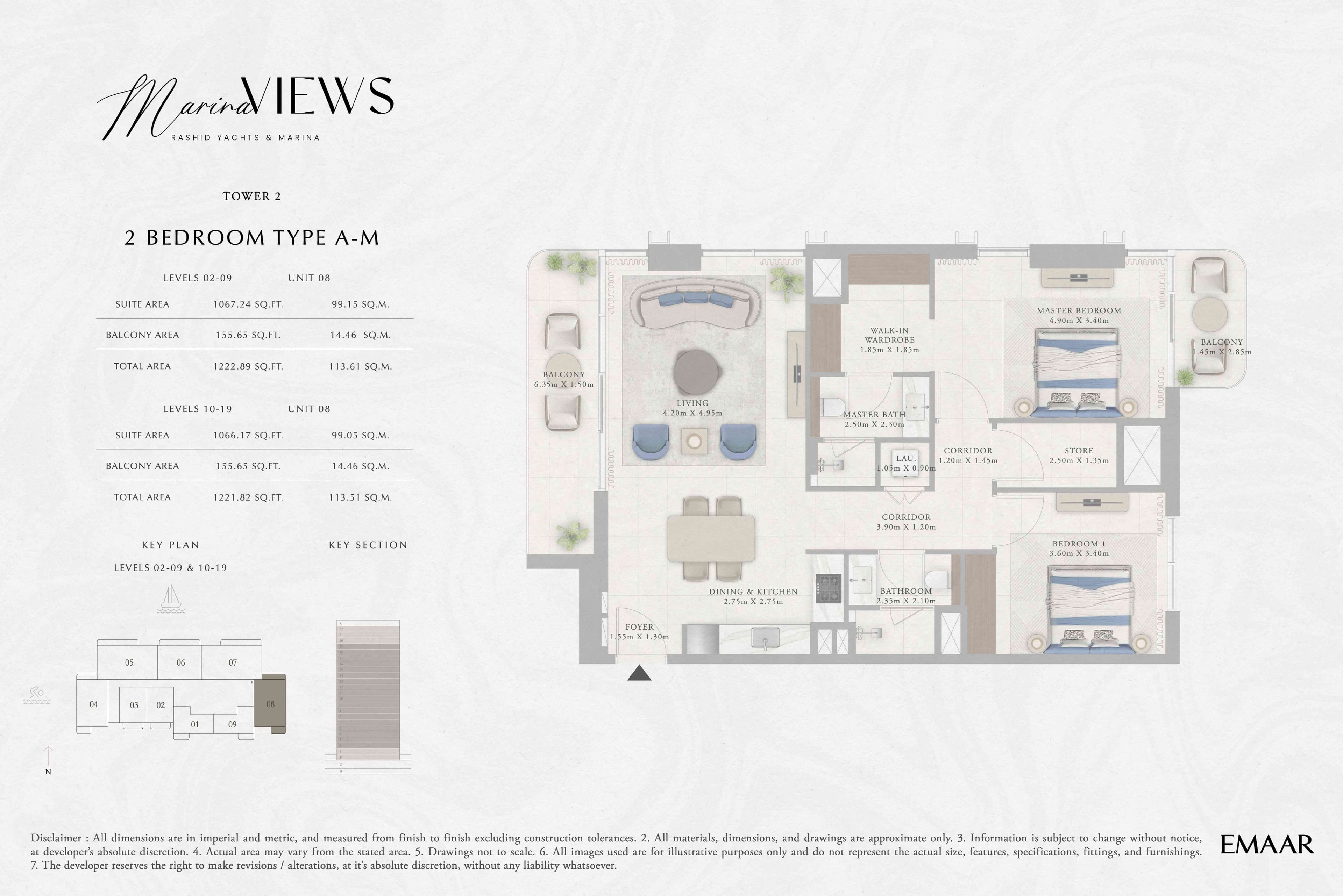 Marina Views Tower 1, 2-Bed Floor Plan, type: Tower 2 - 2BR - Type A-M - Level 2-9, 10-19