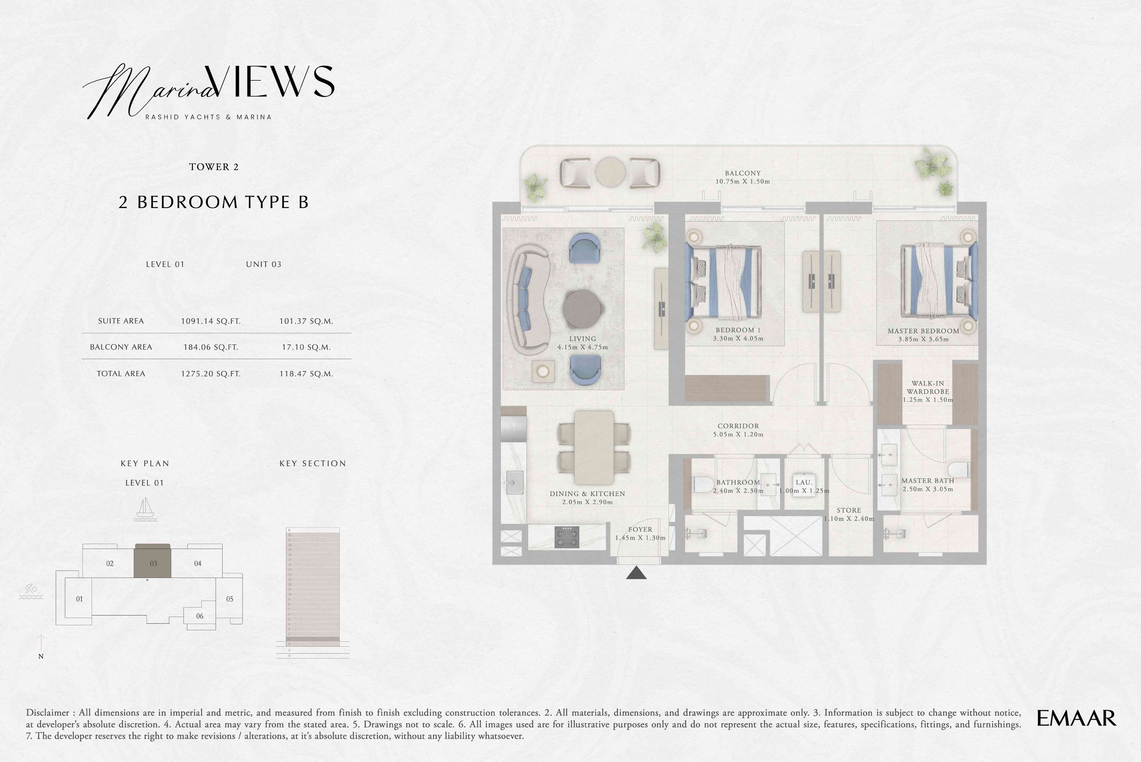 Marina Views Tower 1, 2-Bed Floor Plan, type: Tower 2 - 2BR - Type B - Level 1