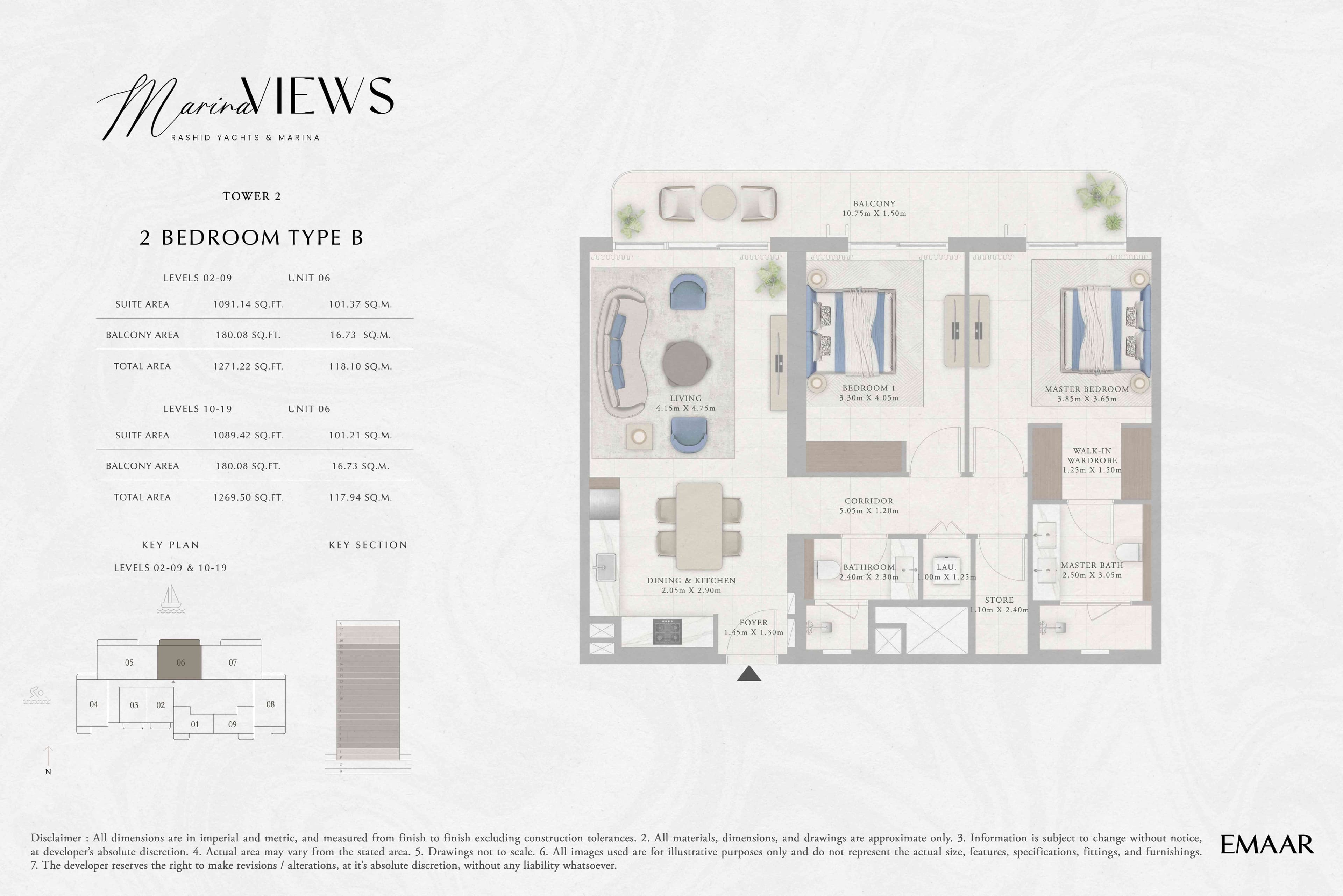 Marina Views Tower 1, 2-Bed Floor Plan, type: Tower 2 - 2BR - Type B - Level 2-9, 10-19