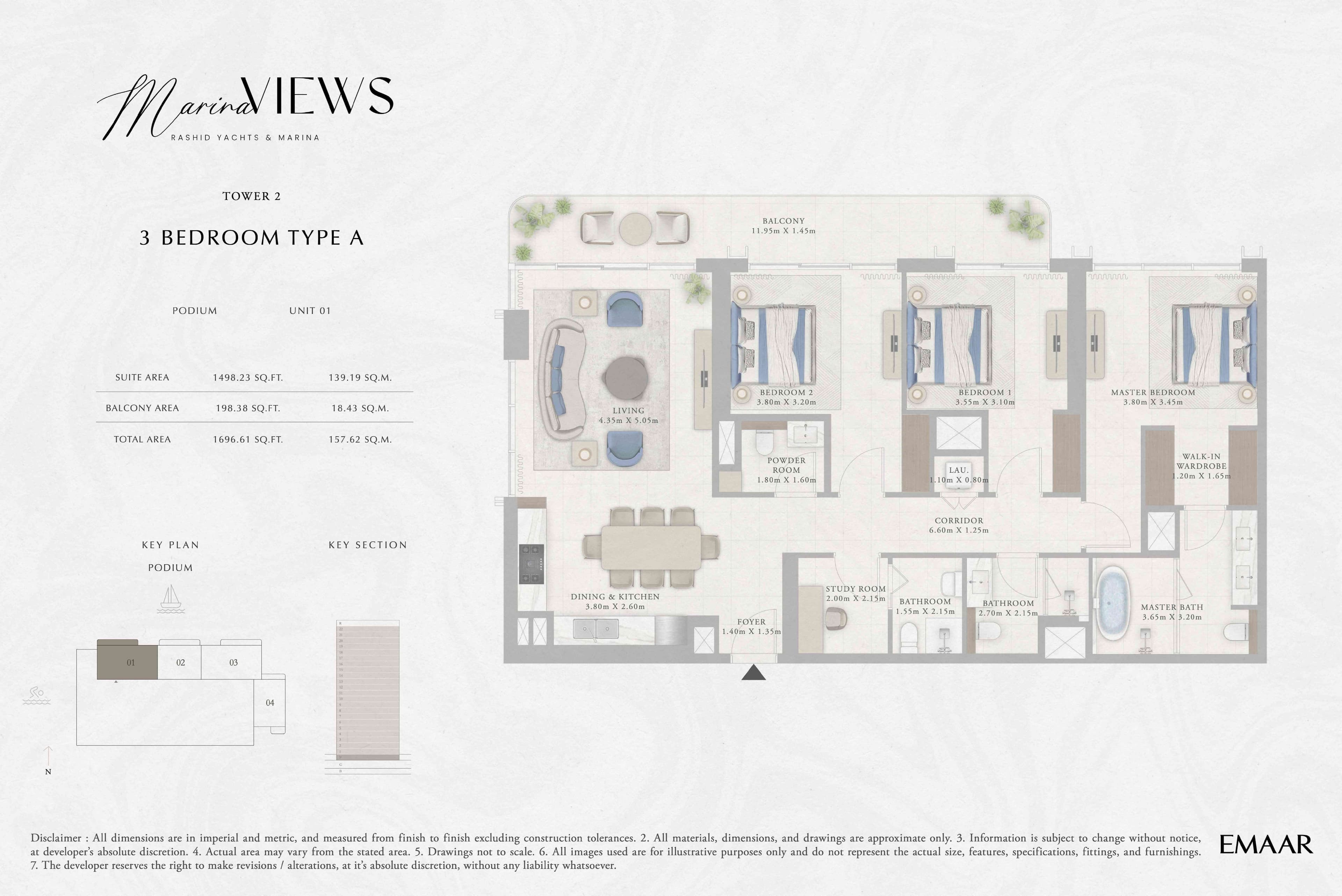 Marina Views Tower 1, 3-Bed Floor Plan, type: Tower 2 - 3BR - Type A - Podium