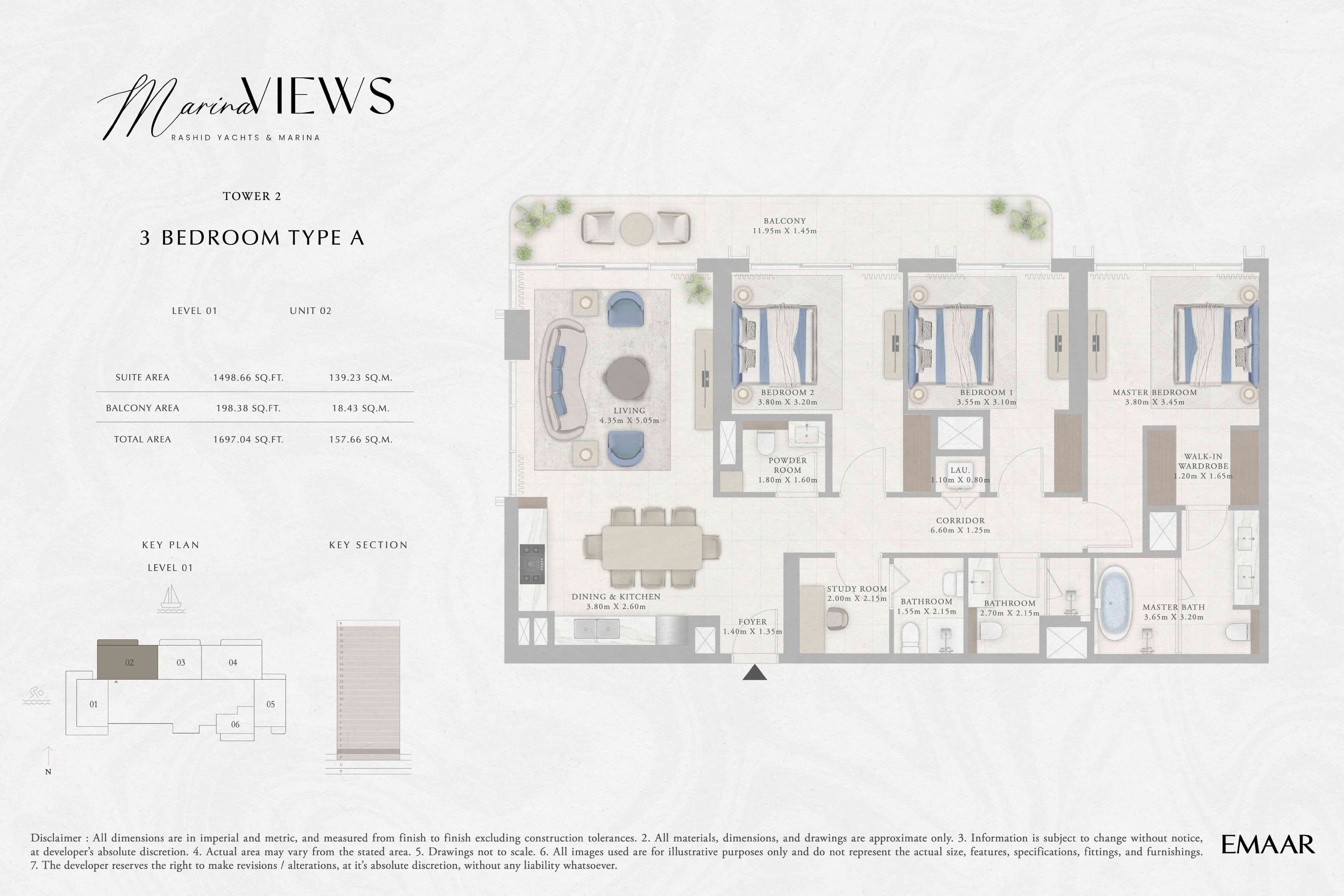 Marina Views Tower 1, 3-Bed Floor Plan, type: Tower 2 - 3BR - Type A - Level 1