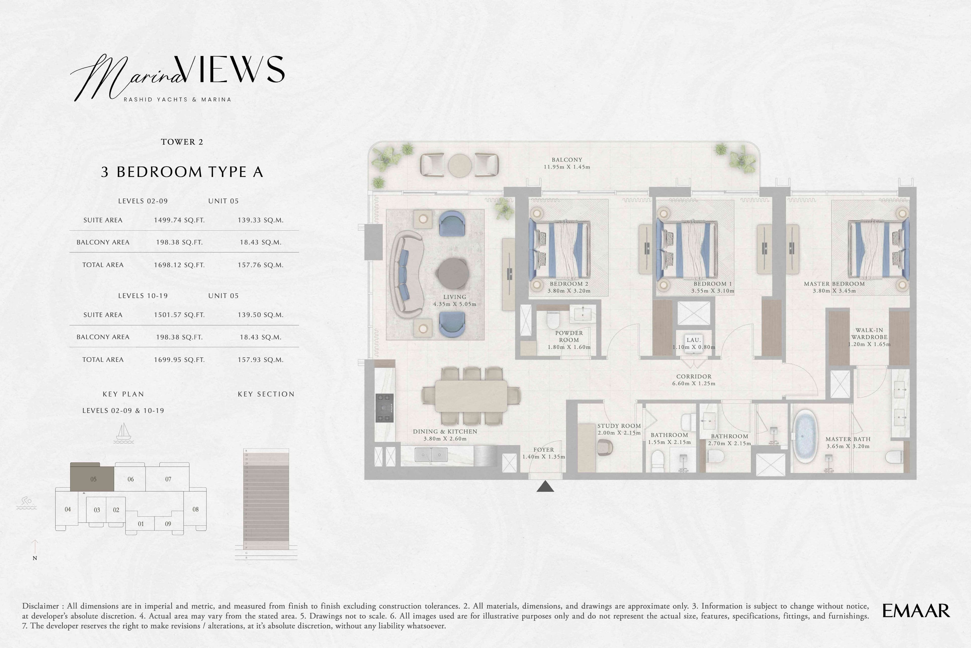 Marina Views Tower 1, 3-Bed Floor Plan, type: Tower 2 - 3BR - Type A - Level 2-9, 10-19