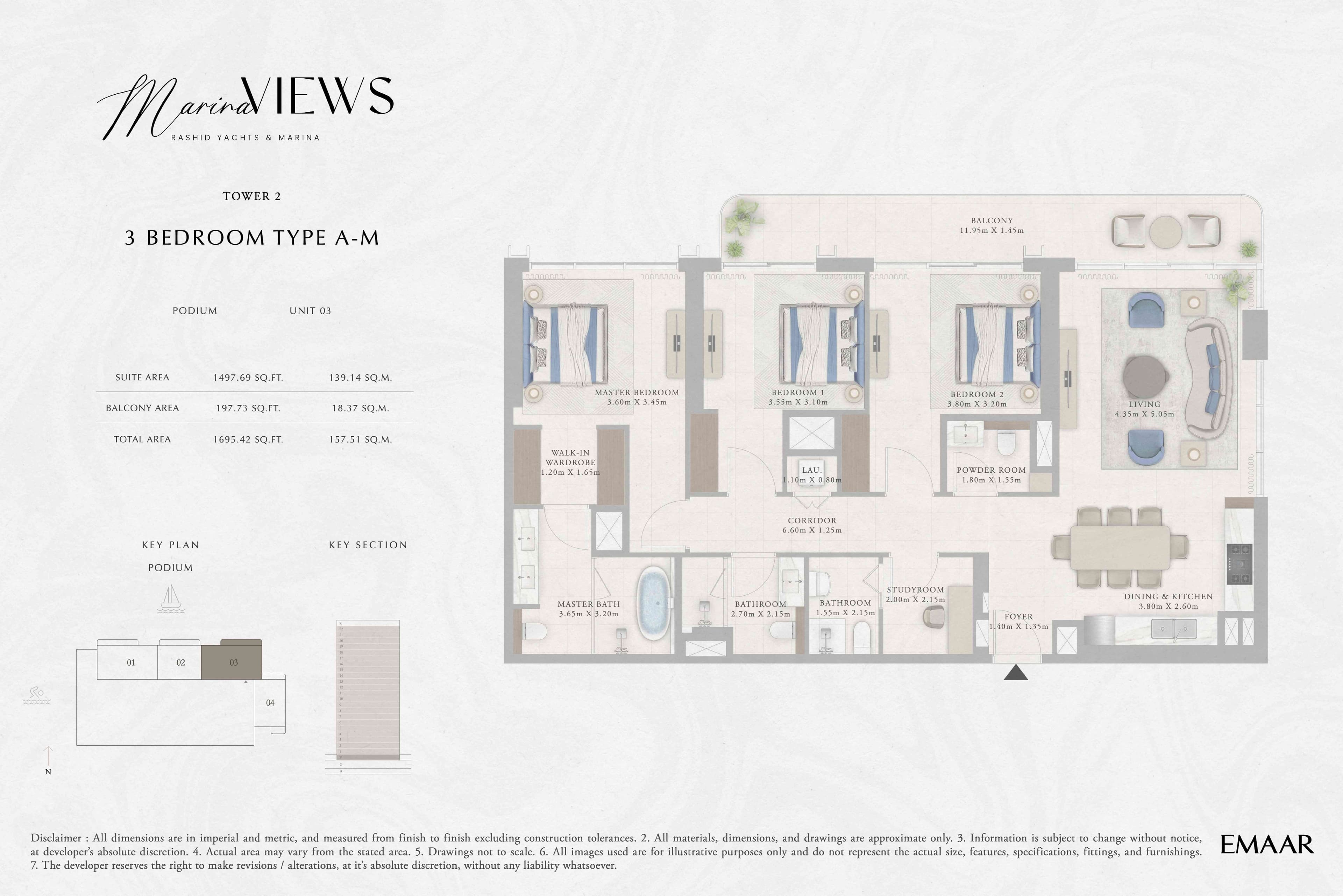Marina Views Tower 1, 3-Bed Floor Plan, type: Tower 2 - 3BR - Type A-M - Podium
