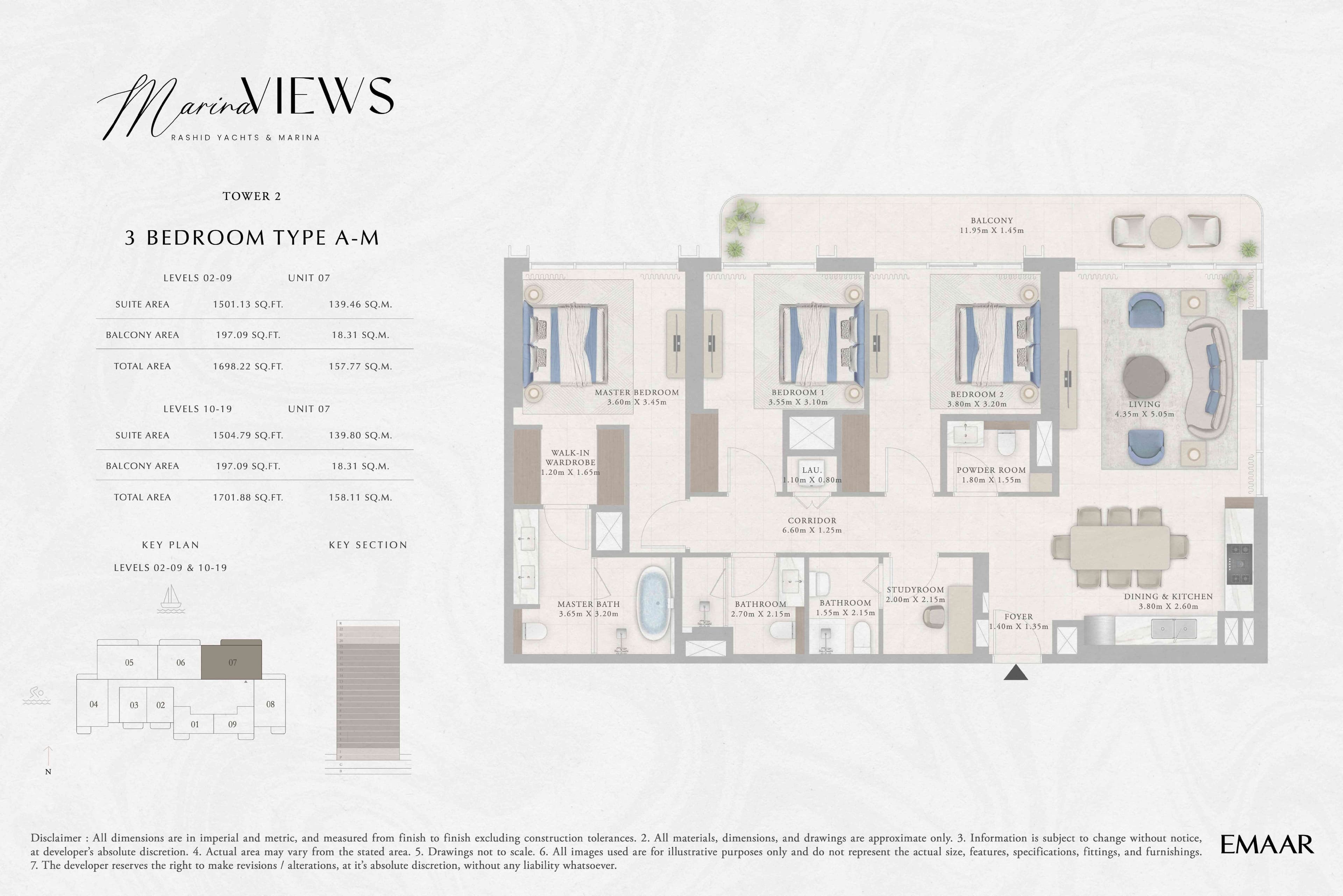 Marina Views Tower 1, 3-Bed Floor Plan, type: Tower 2 - 3BR - Type A-M - Level 2-9, 10-19