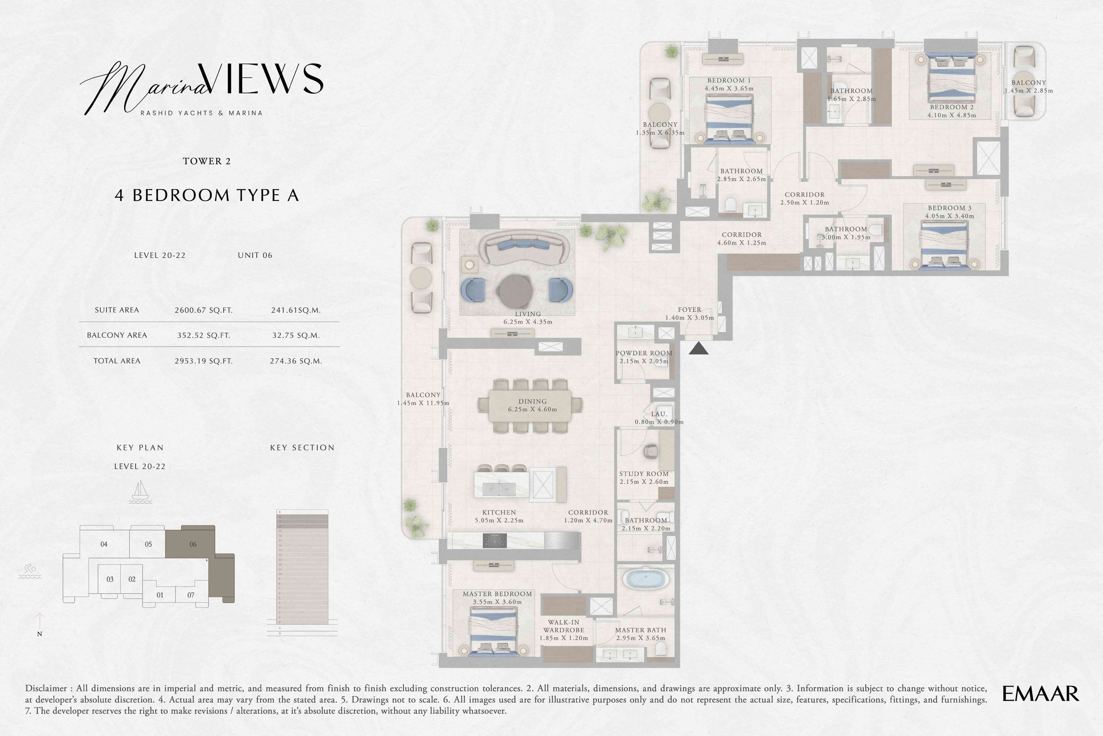 Marina Views Tower 1, 4-Bed Floor Plan, type: Tower 2 - 4BR - Type A - Level 20-22