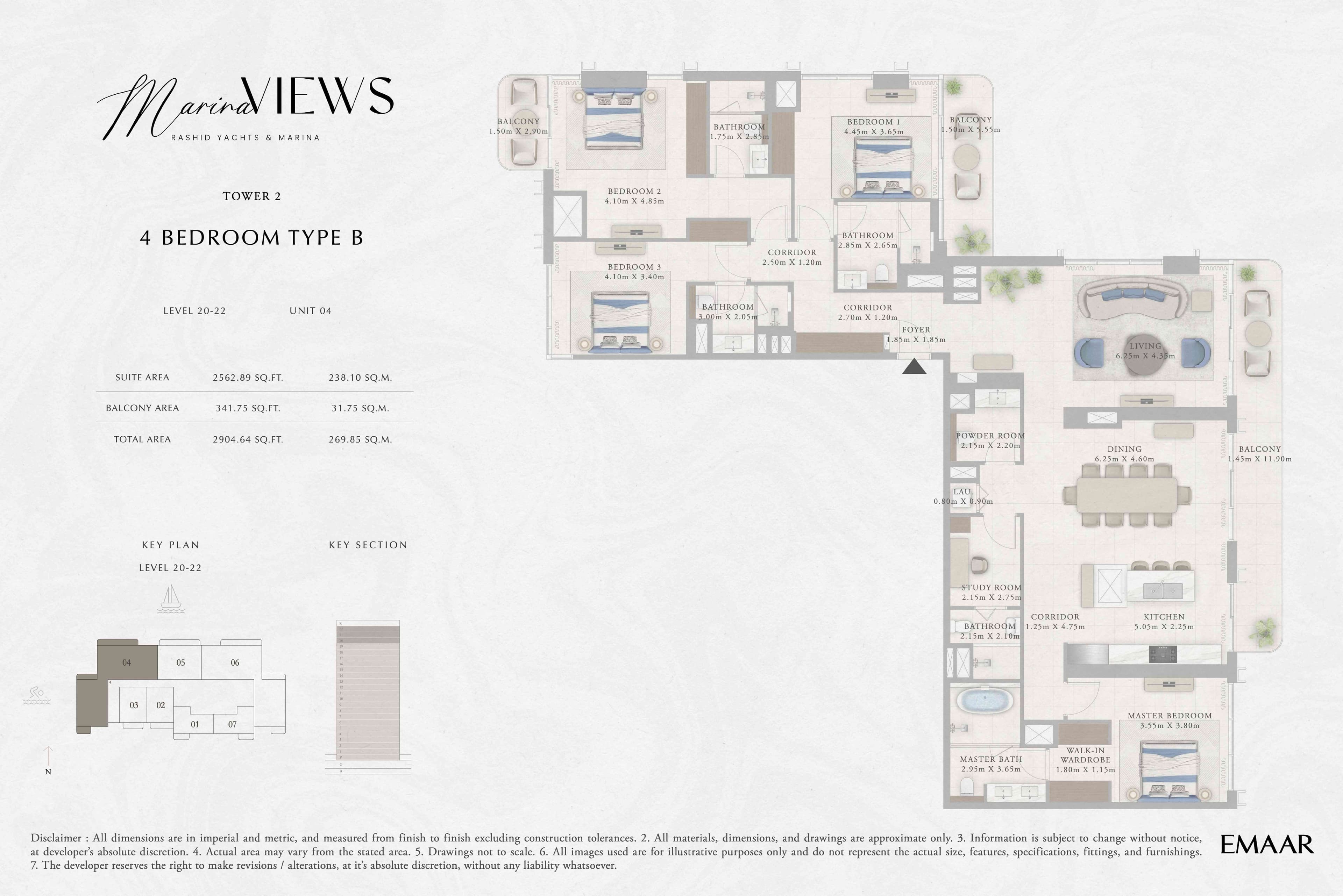 Marina Views Tower 1, 4-Bed Floor Plan, type: Tower 2 - 4BR - Type B - Level 20-22