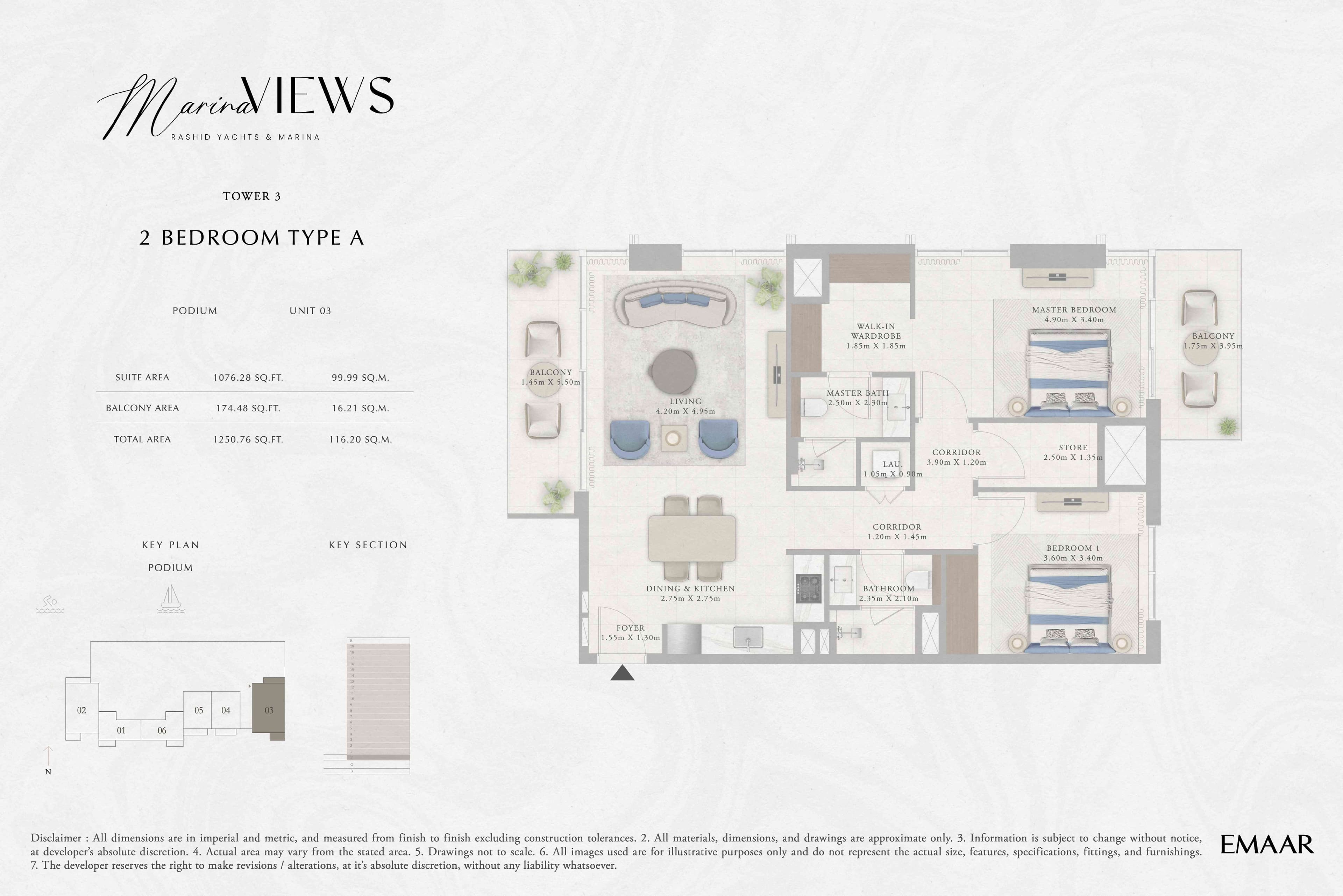 Marina Views Tower 1, 2-Bed Floor Plan, type: Tower 3 - 2BR - Type A - Podium