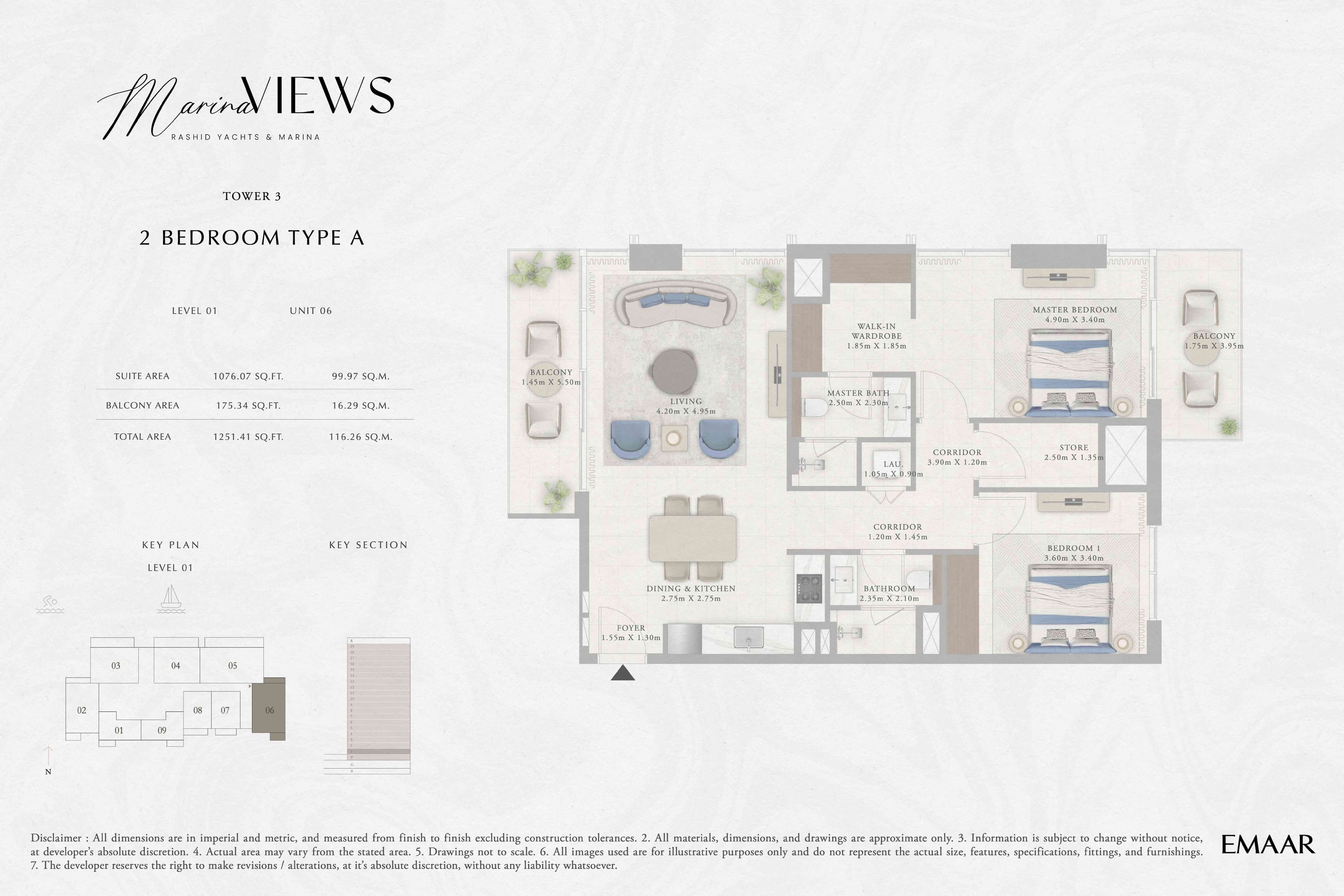 Marina Views Tower 1, 2-Bed Floor Plan, type: Tower 3 - 2BR - Type A - Level 1