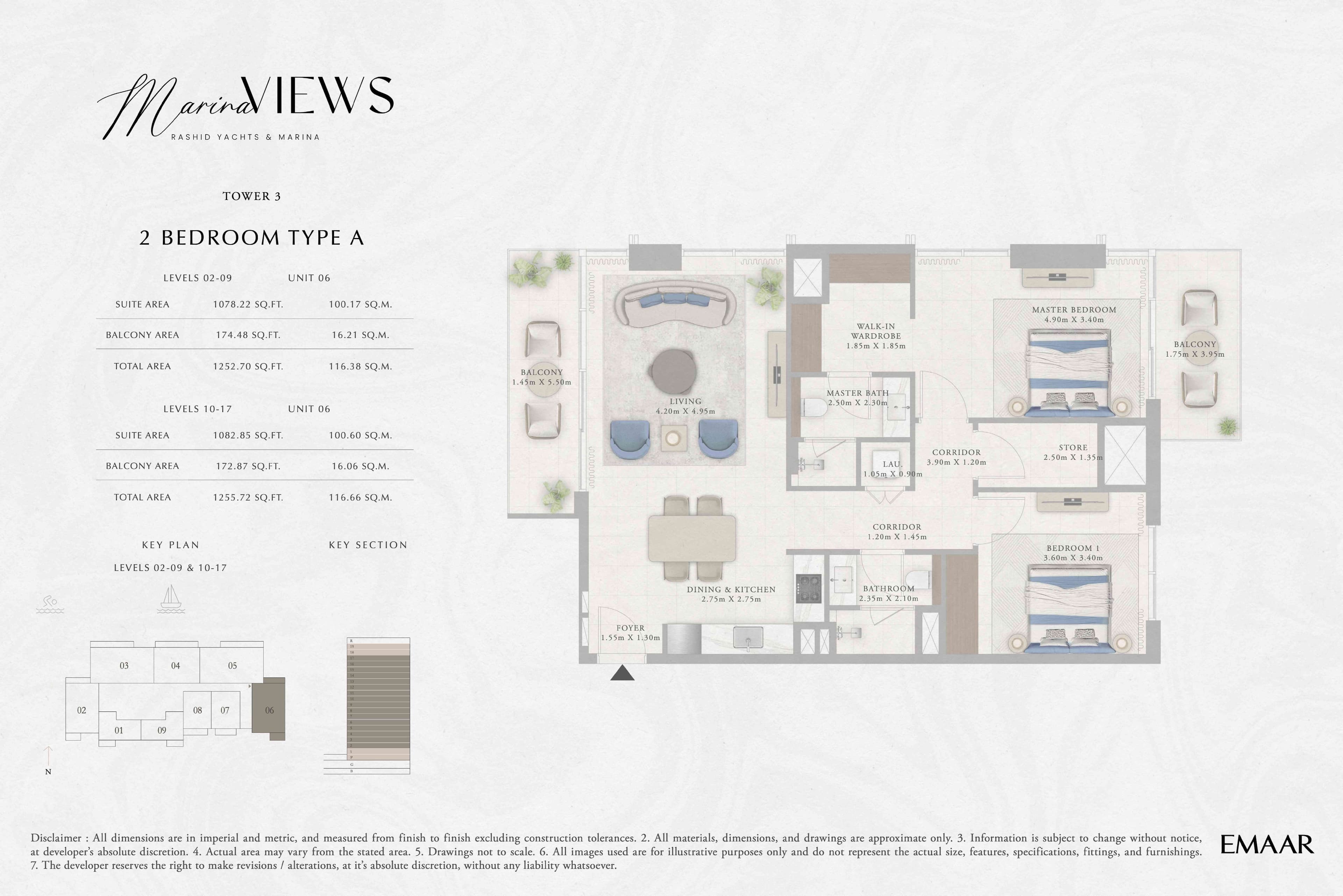 Marina Views Tower 1, 2-Bed Floor Plan, type: Tower 3 - 2BR - Type A - Level 2-9, 10-17