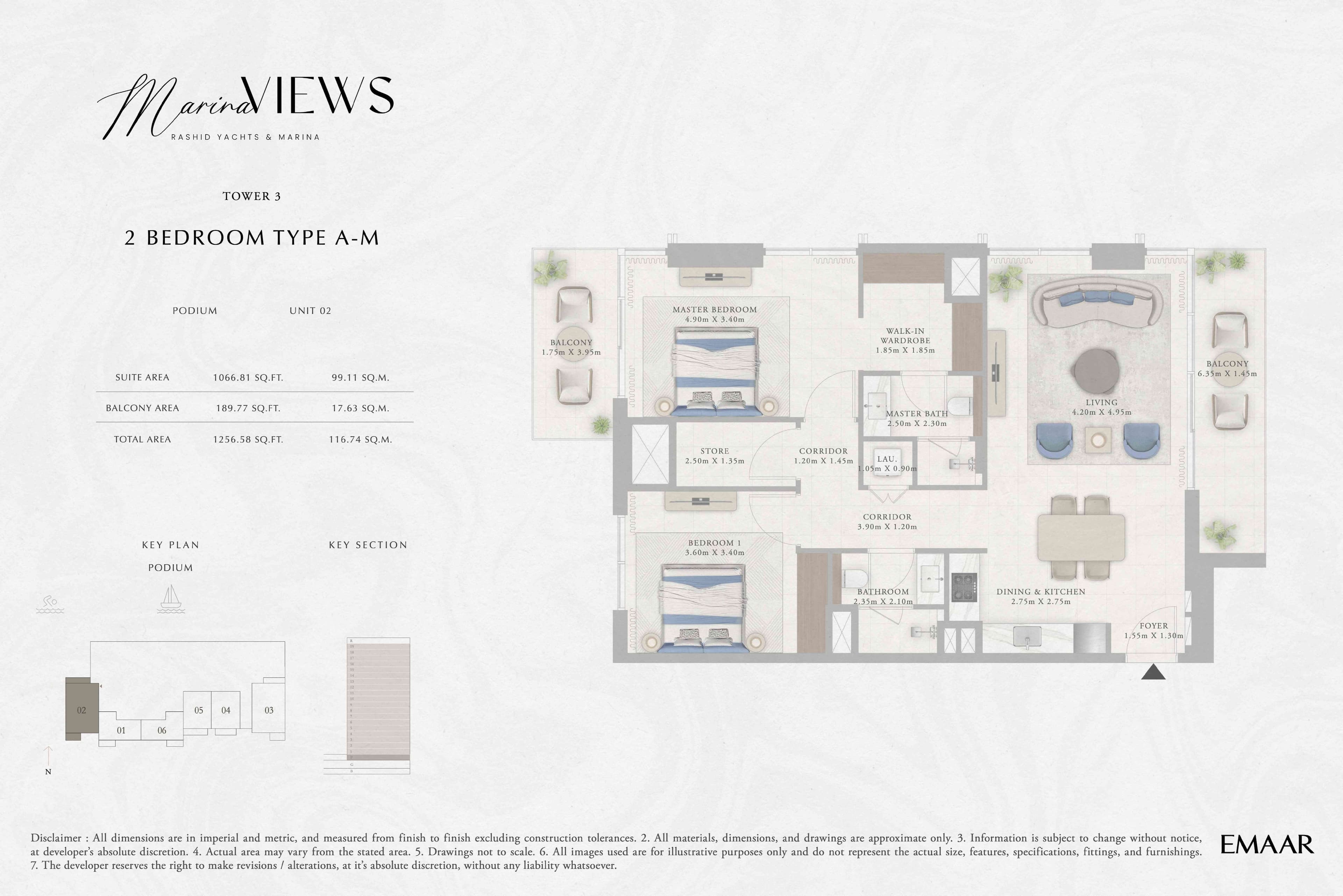 Marina Views Tower 1, 2-Bed Floor Plan, type: Tower 3 - 2BR - Type A-M - Podium