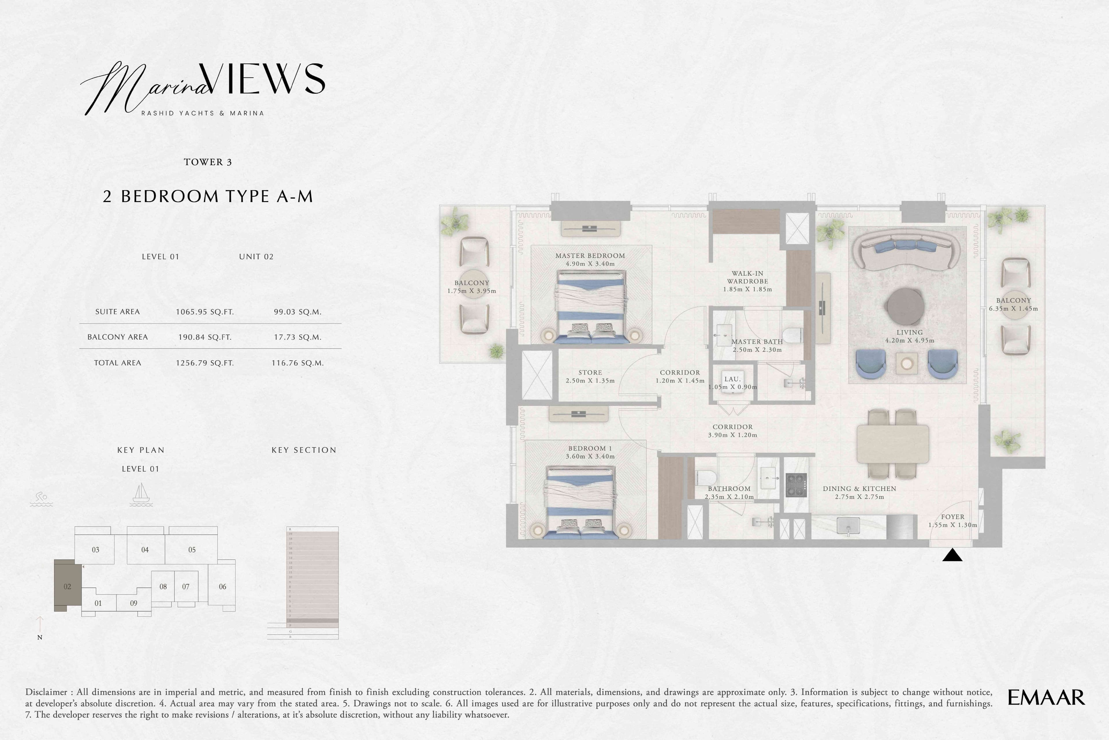Marina Views Tower 1, 2-Bed Floor Plan, type: Tower 3 - 2BR - Type A-M - Level 1