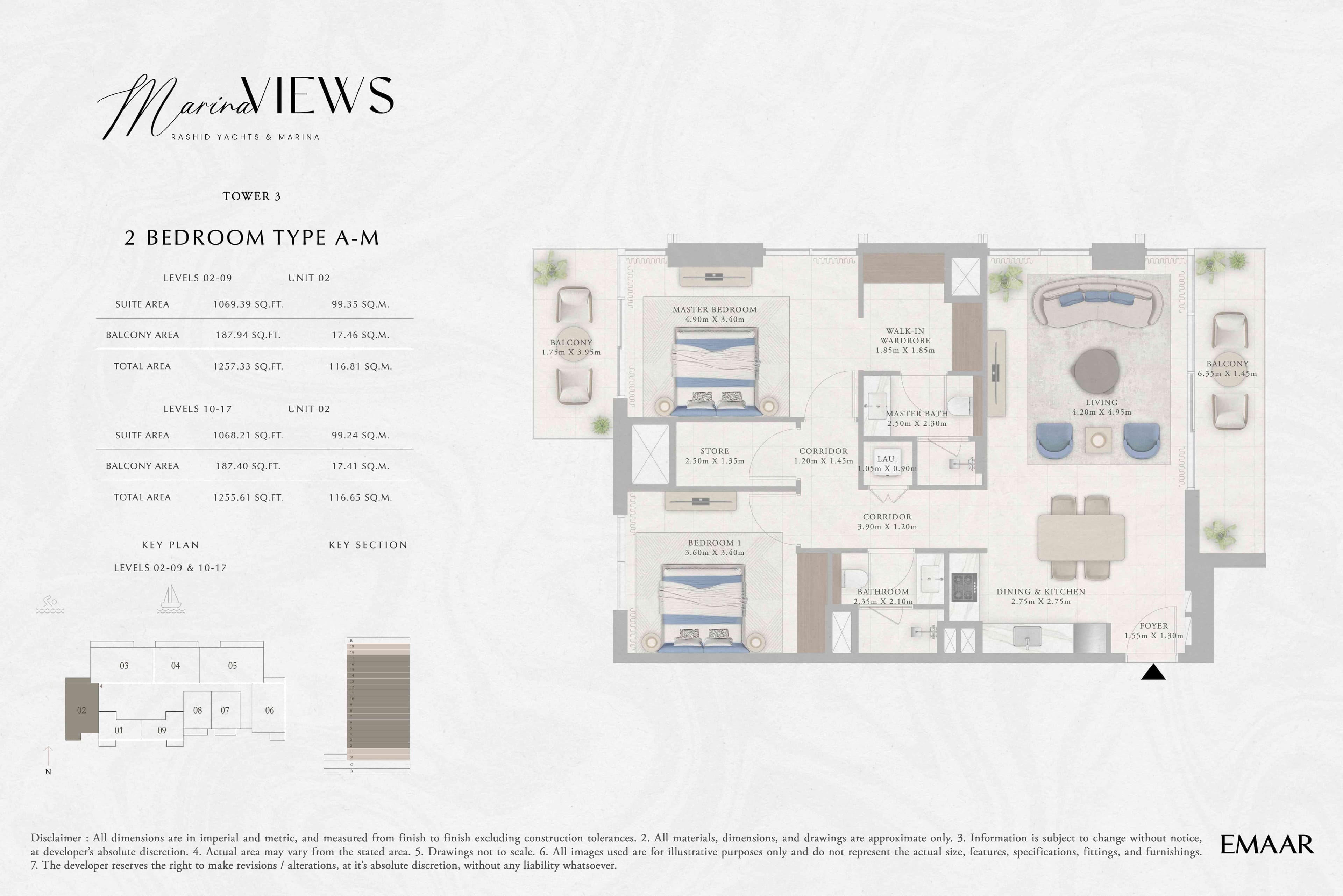 Marina Views Tower 1, 2-Bed Floor Plan, type: Tower 3 - 2BR - Type A-M - Level 2-9, 10-17