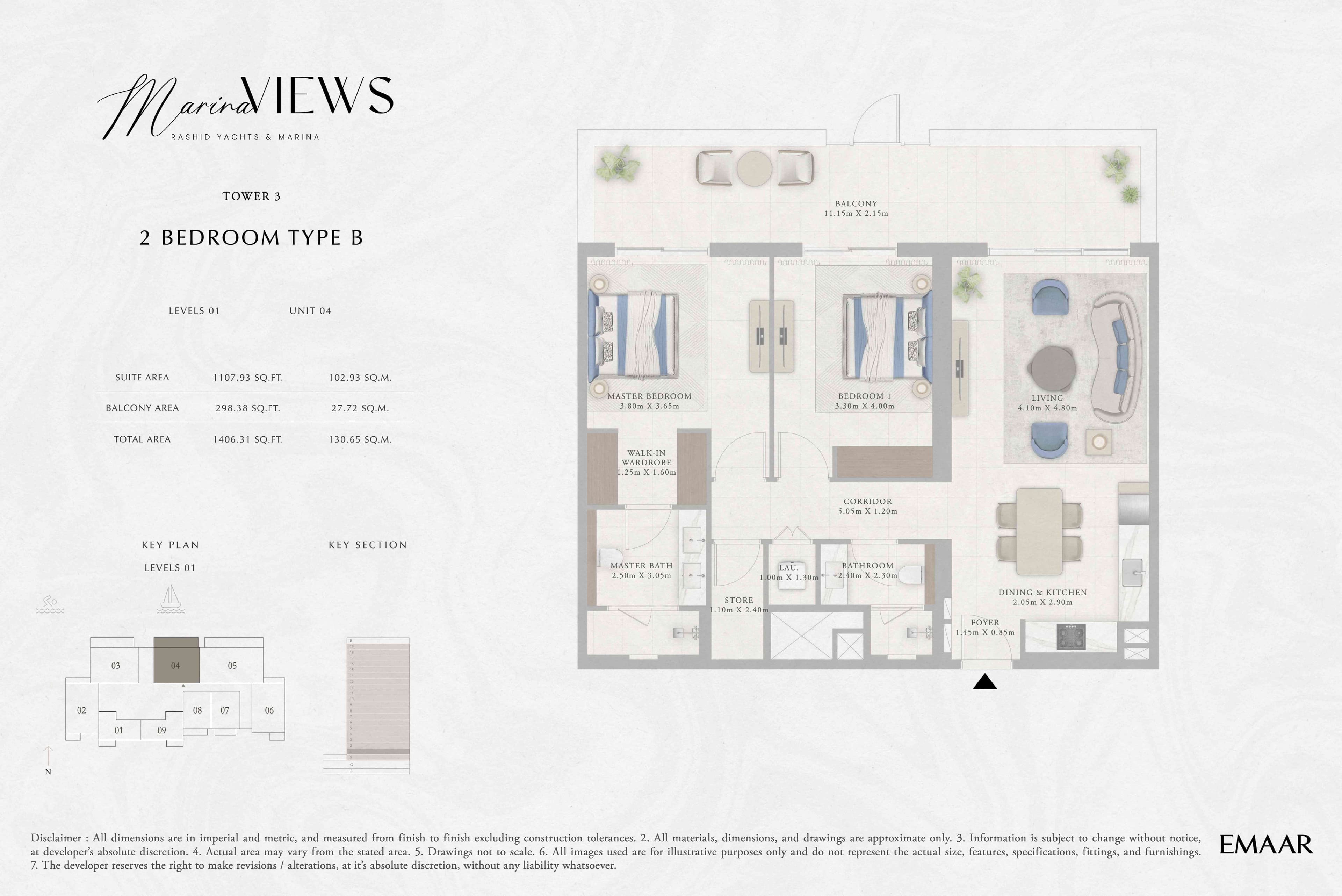 Marina Views Tower 1, 2-Bed Floor Plan, type: Tower 3 - 2BR - Type B - Level 1