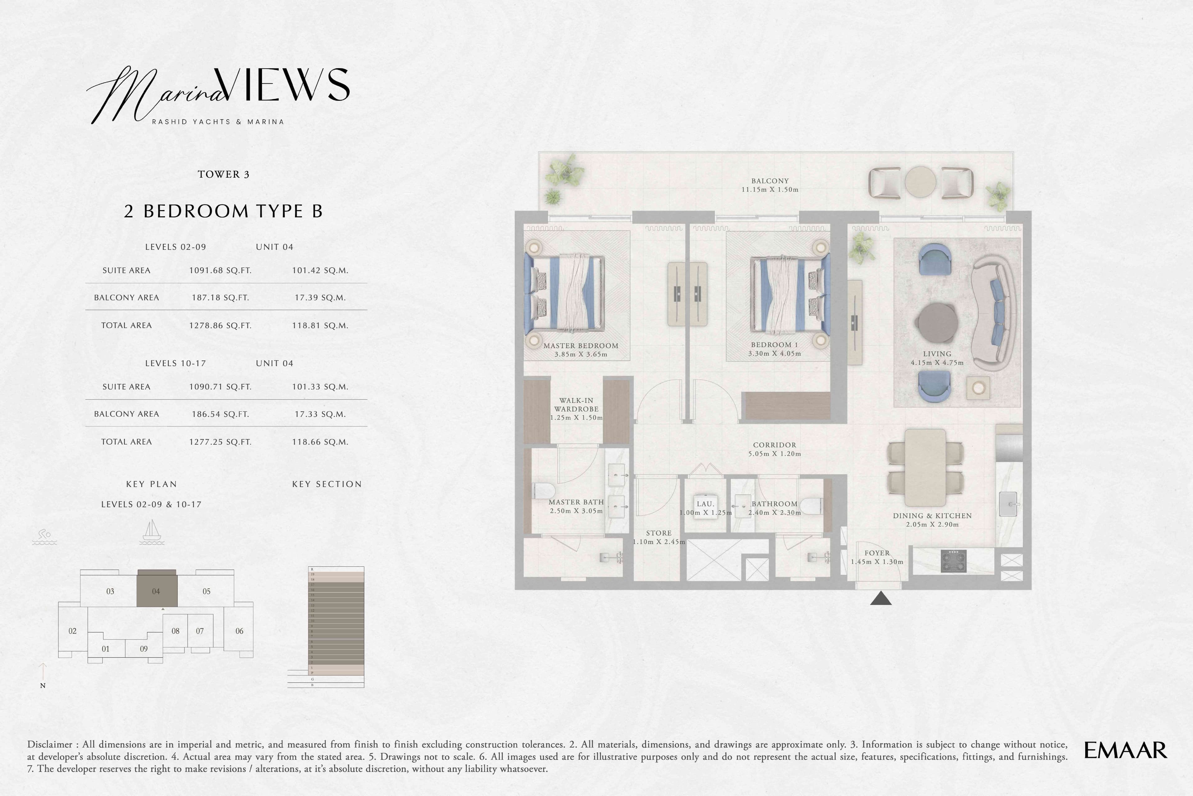 Marina Views Tower 1, 2-Bed Floor Plan, type: Tower 3 - 2BR - Type B - Level 2-9, 10-17