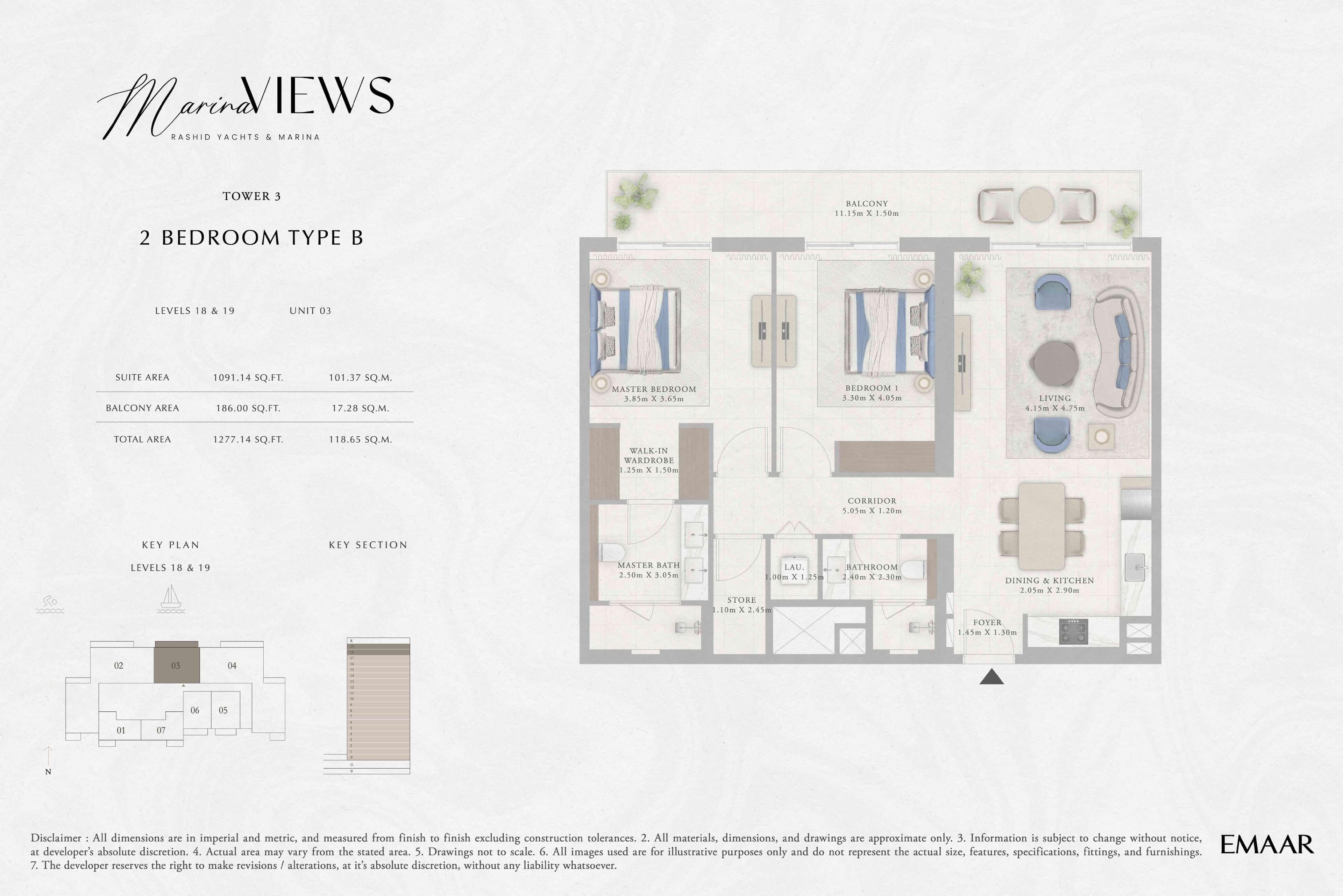 Marina Views Tower 1, 2-Bed Floor Plan, type: Tower 3 - 2BR - Type B - Level 18-19