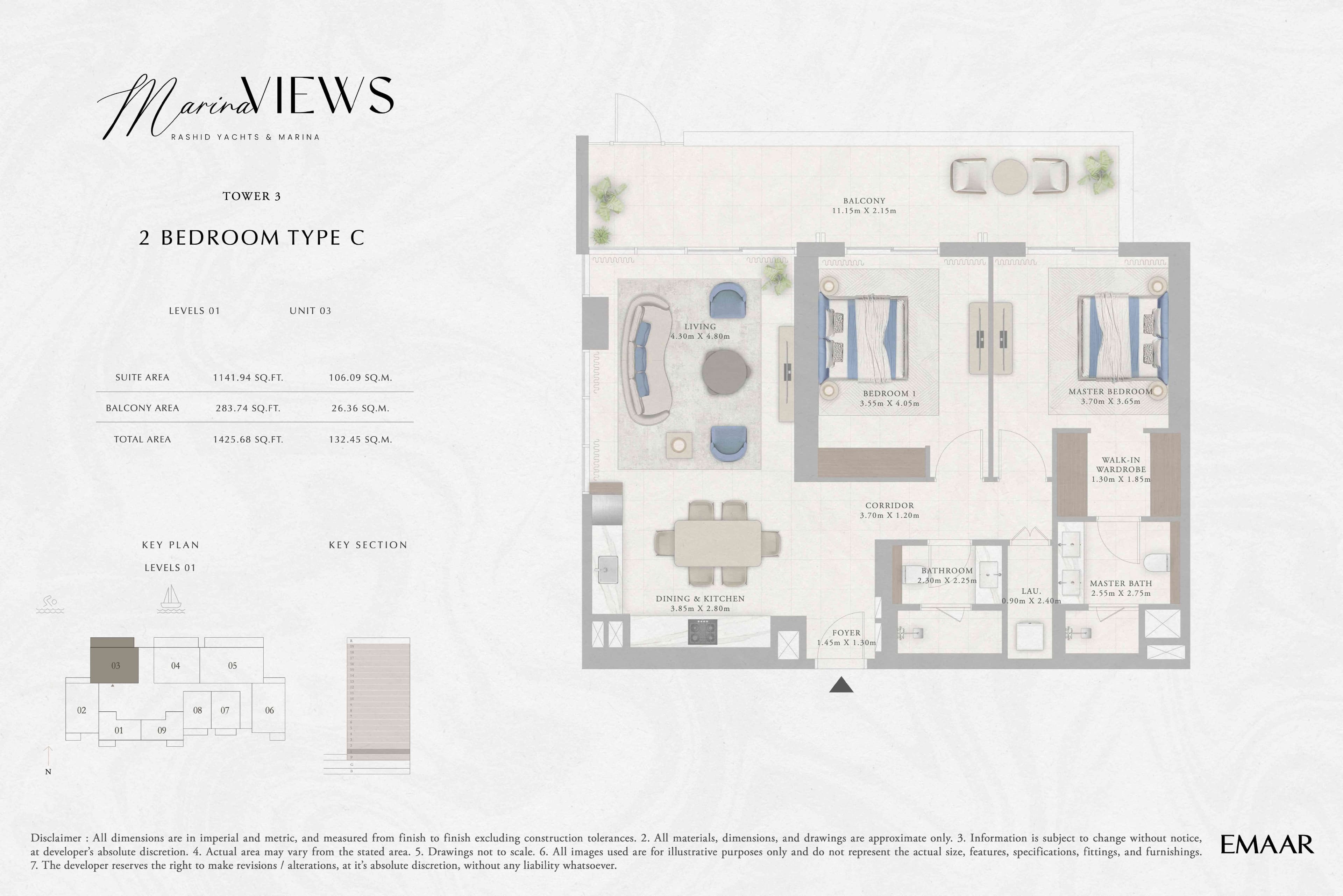 Marina Views Tower 1, 2-Bed Floor Plan, type: Tower 3 - 2BR - Type C - Level 1
