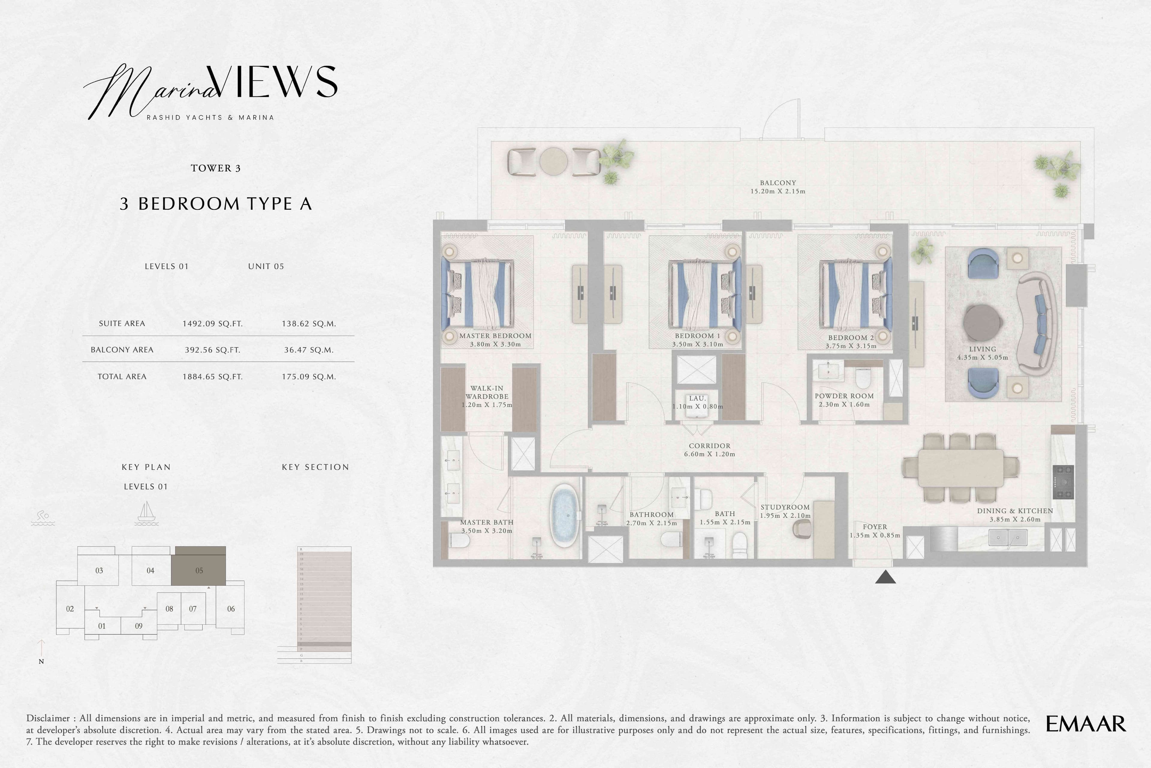 Marina Views Tower 1, 3-Bed Floor Plan, type: Tower 3 - 3BR - Type A - Level 1