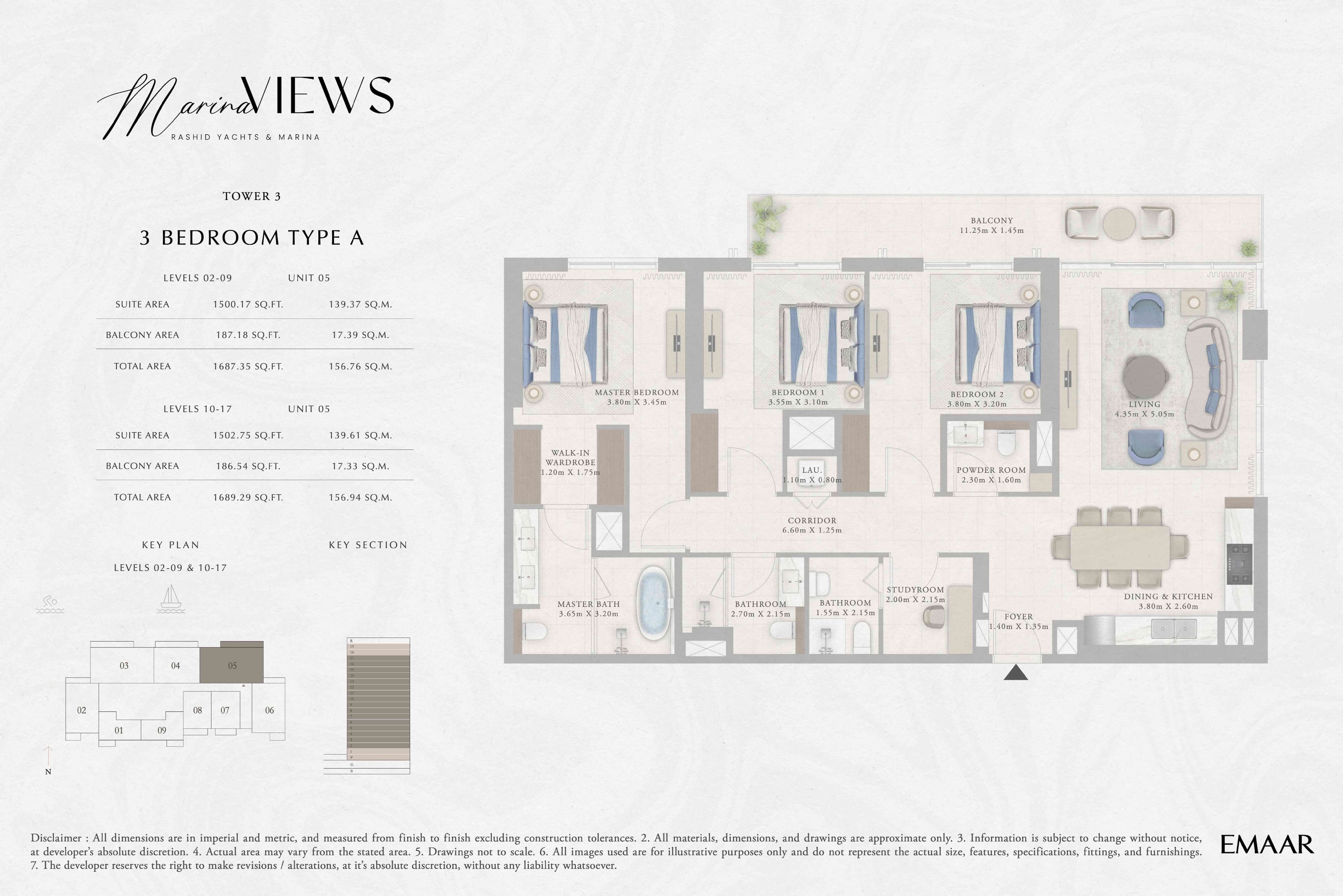 Marina Views Tower 1, 3-Bed Floor Plan, type: Tower 3 - 3BR - Type A - Level 2-9, 10-17