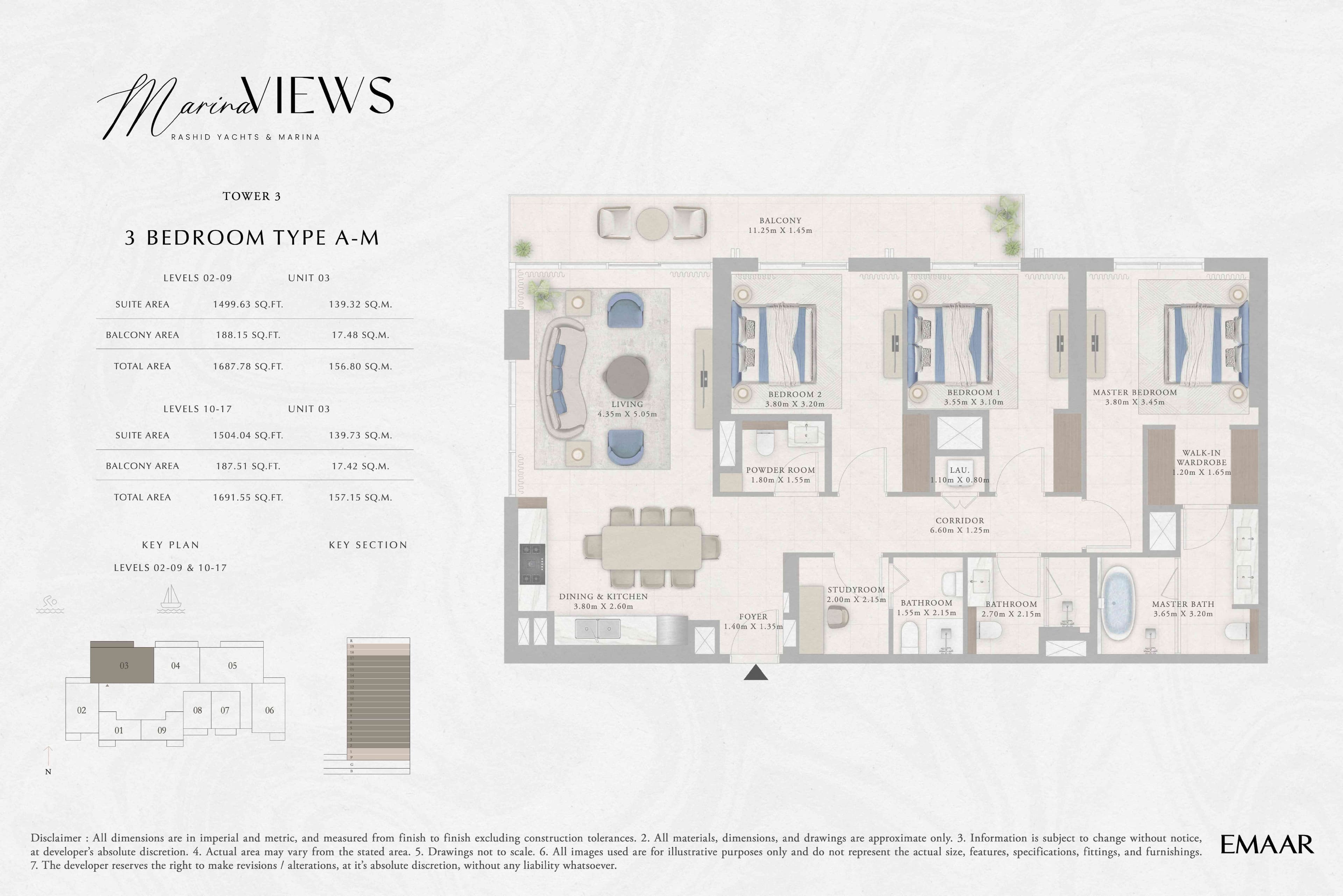 Marina Views Tower 1, 3-Bed Floor Plan, type: Tower 3 - 3BR - Type A-M - Level 2-9, 10-17